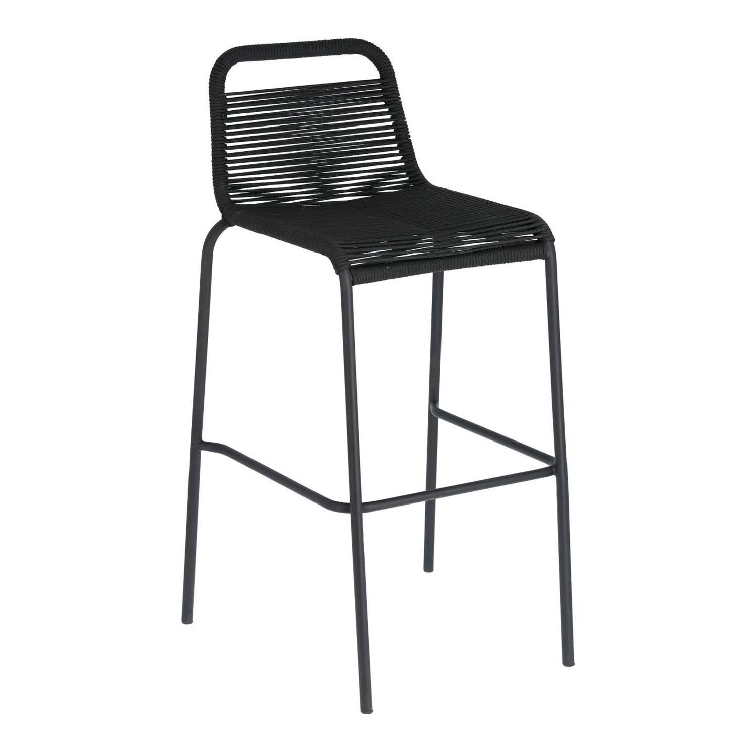 Stapelbarer Hocker aus schwarzem Seil und Stahl, 74 cm hoch, wetterfest, ideal für Terrasse und Garten, elegant und langlebig.
