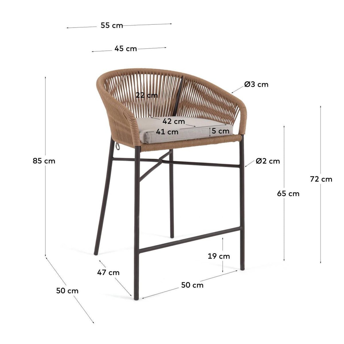 Yanet Hocker aus beigem Seil und verzinktem Stahl, Höhe 65 cm in Beige präsentiert im Onlineshop von KAQTU Design AG. Outdoor-Barstuhl mit Armlehne ist von Kave Home