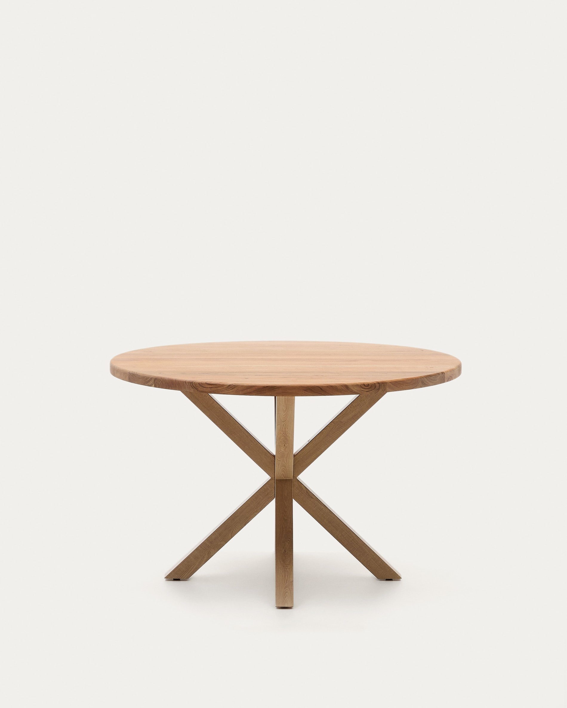 Runder Esstisch Argo aus Akazienholz mit robusten Stahlbeinen in Holzoptik, Ø 120 cm, ideal für stilvolle Wohnräume.