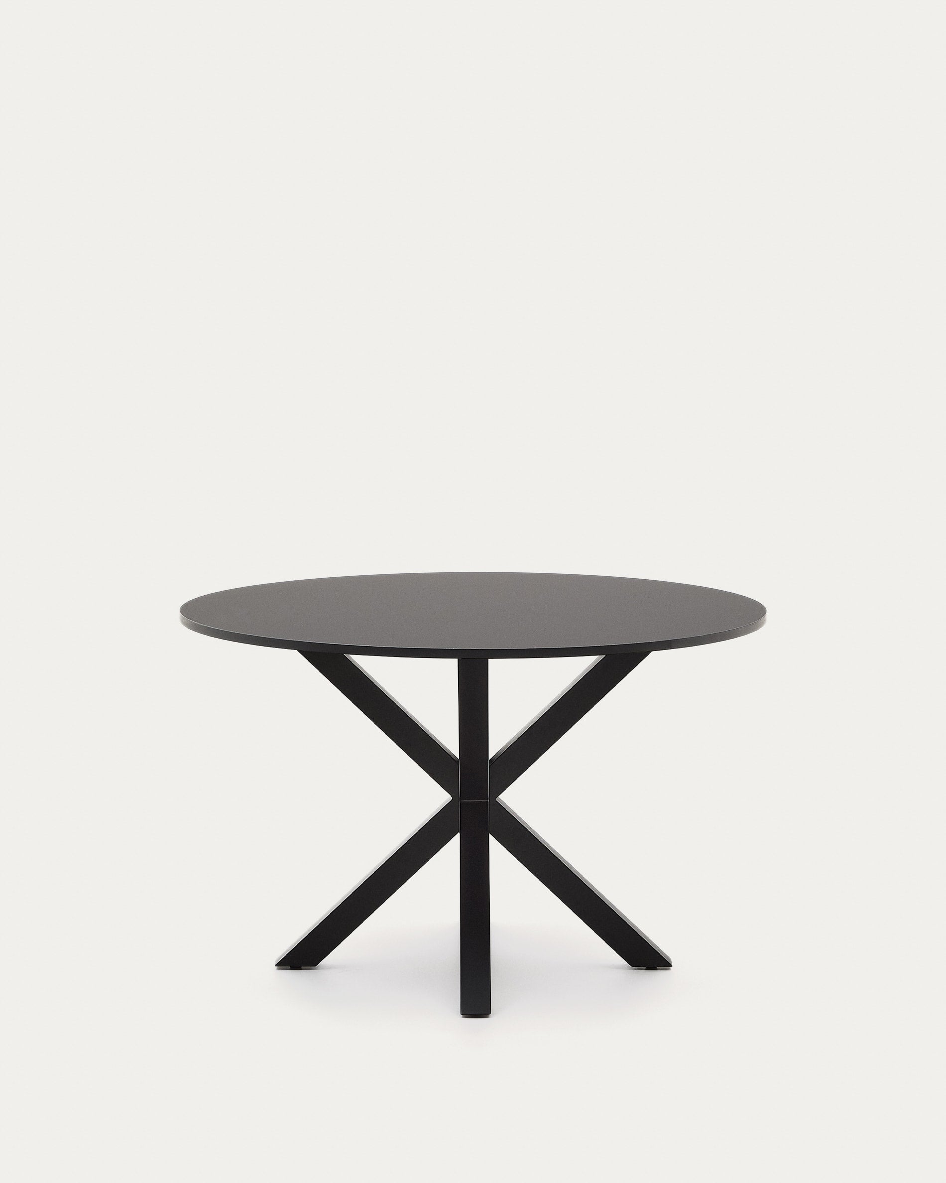 Eleganter runder Tisch Argo Ø 120 cm, schwarz lackiertes MDF, robuste Stahlbeine, perfekt für moderne Wohn- und Esszimmer.