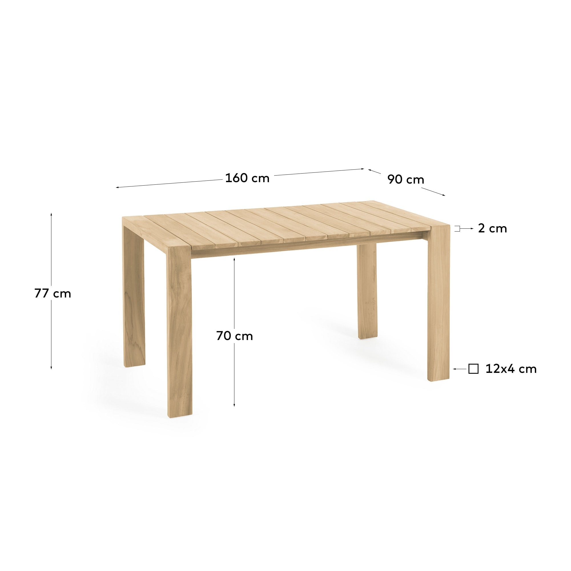Eleganter Outdoortisch aus massivem Teakholz, 160 x 90 cm, von Kave Home – robust, stilvoll und perfekt für den Außenbereich.