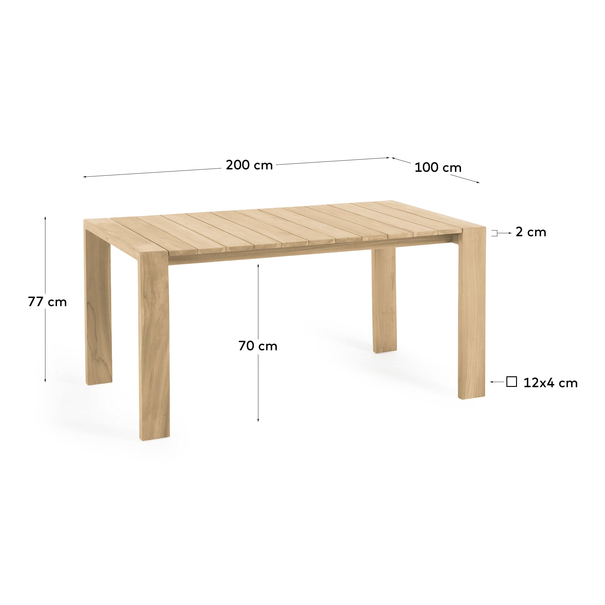 Massiver Teakholz-Outdoortisch von Kave Home, 200 x 100 cm, ideal für elegante und langlebige Außenmöbel.
