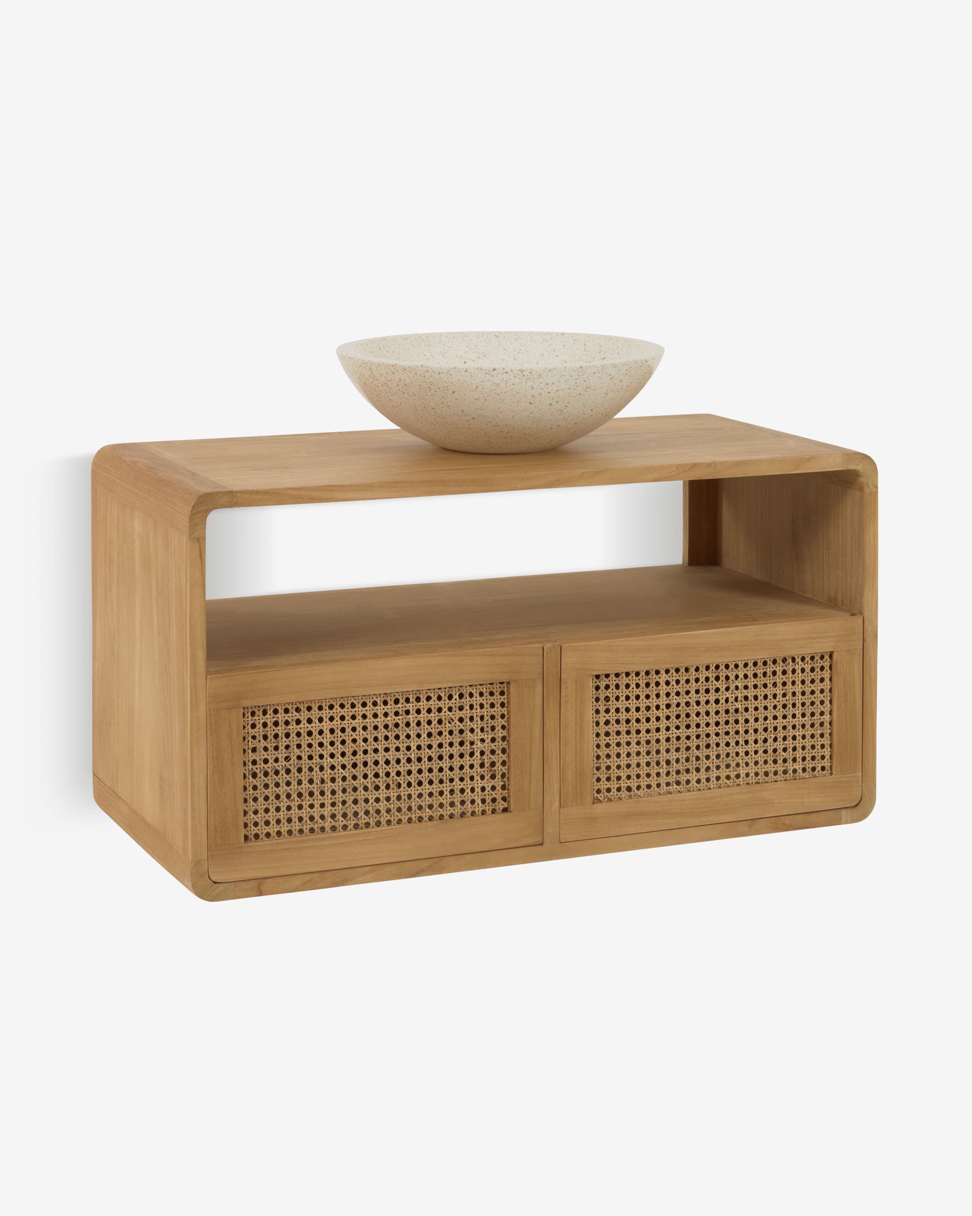 Elegantes Badmöbel aus massivem Teakholz von Kave Home, 86x45 cm, ideal für ein stilvolles und funktionales Badezimmer.