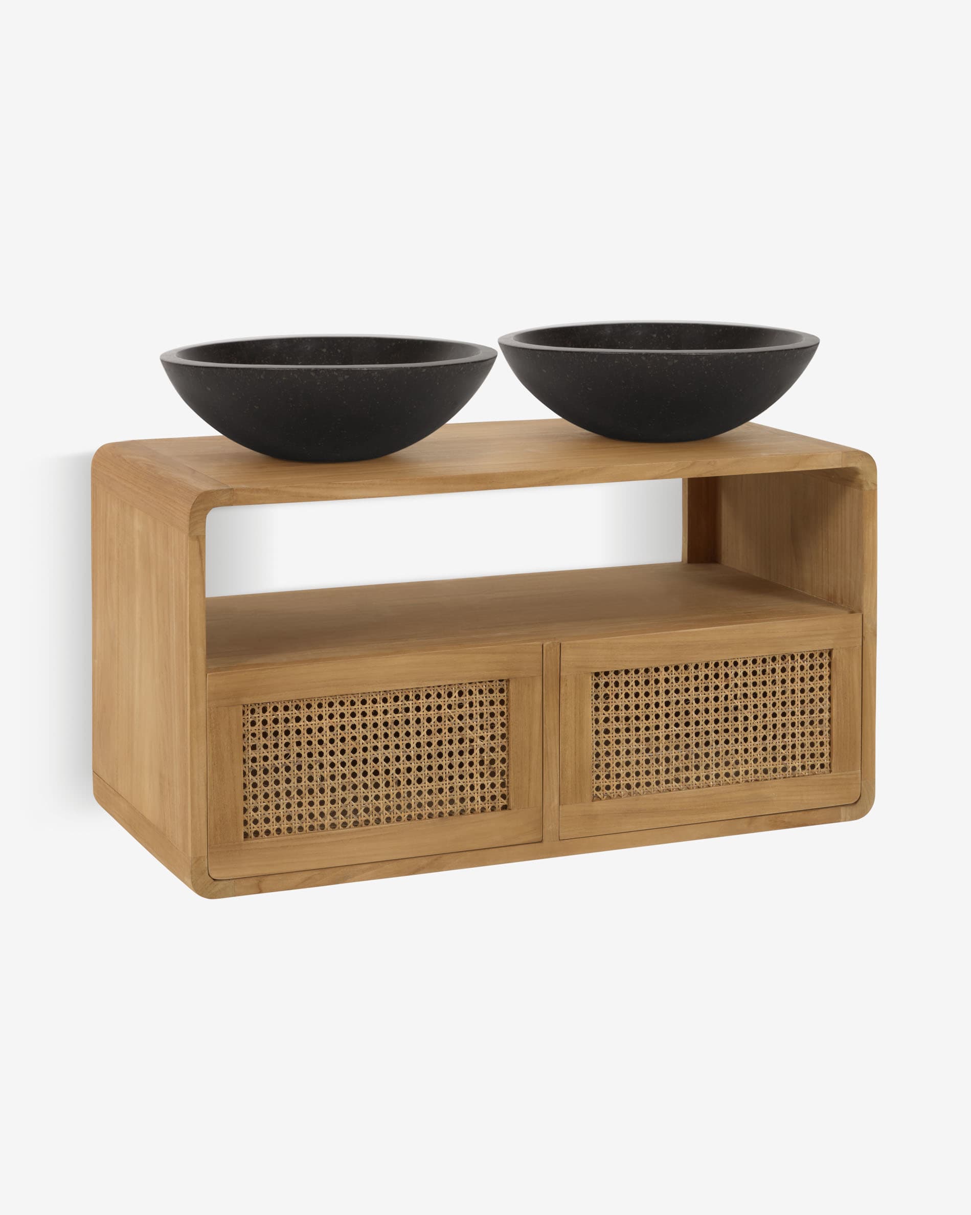 Massives Teakholz-Badmöbel von Kave Home, 86x45 cm, vereint Stil und Funktionalität für ein modernes Badezimmer.