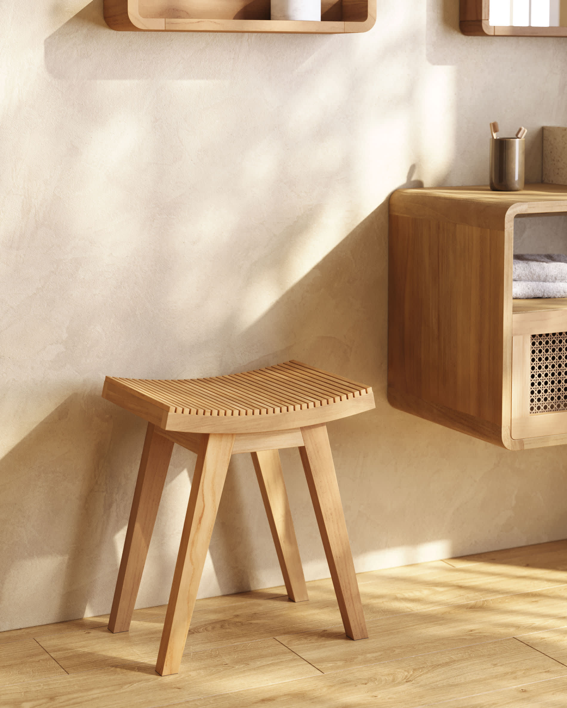 Massives Teakholz-Badmöbel von Kave Home, 86x45 cm, vereint Stil und Funktionalität für ein modernes, natürliches Badezimmer.