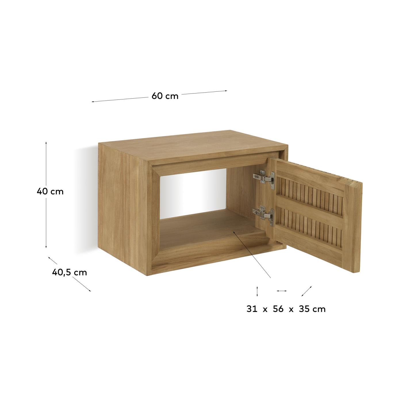 Der Wandschrank Taciana aus massivem Teakholz (60 x 40 cm) kombiniert stilvolles Design mit praktischer Aufbewahrung und bringt Eleganz in Ihr Badezimmer.