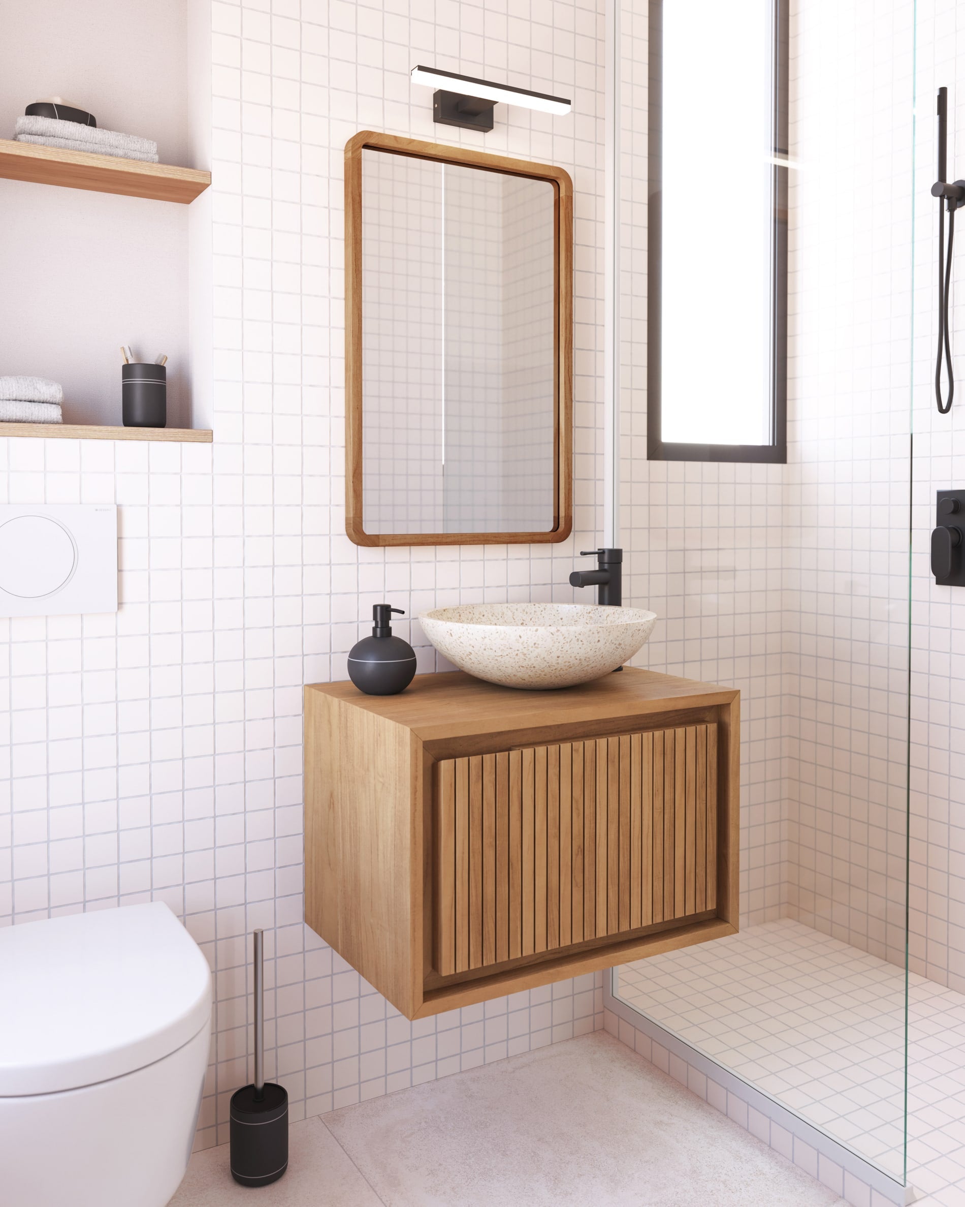 Eleganter Wandschrank aus Teakholz, kompakt und stilvoll, bietet praktischen Stauraum und verleiht Ihrem Bad eine luxuriöse Note.