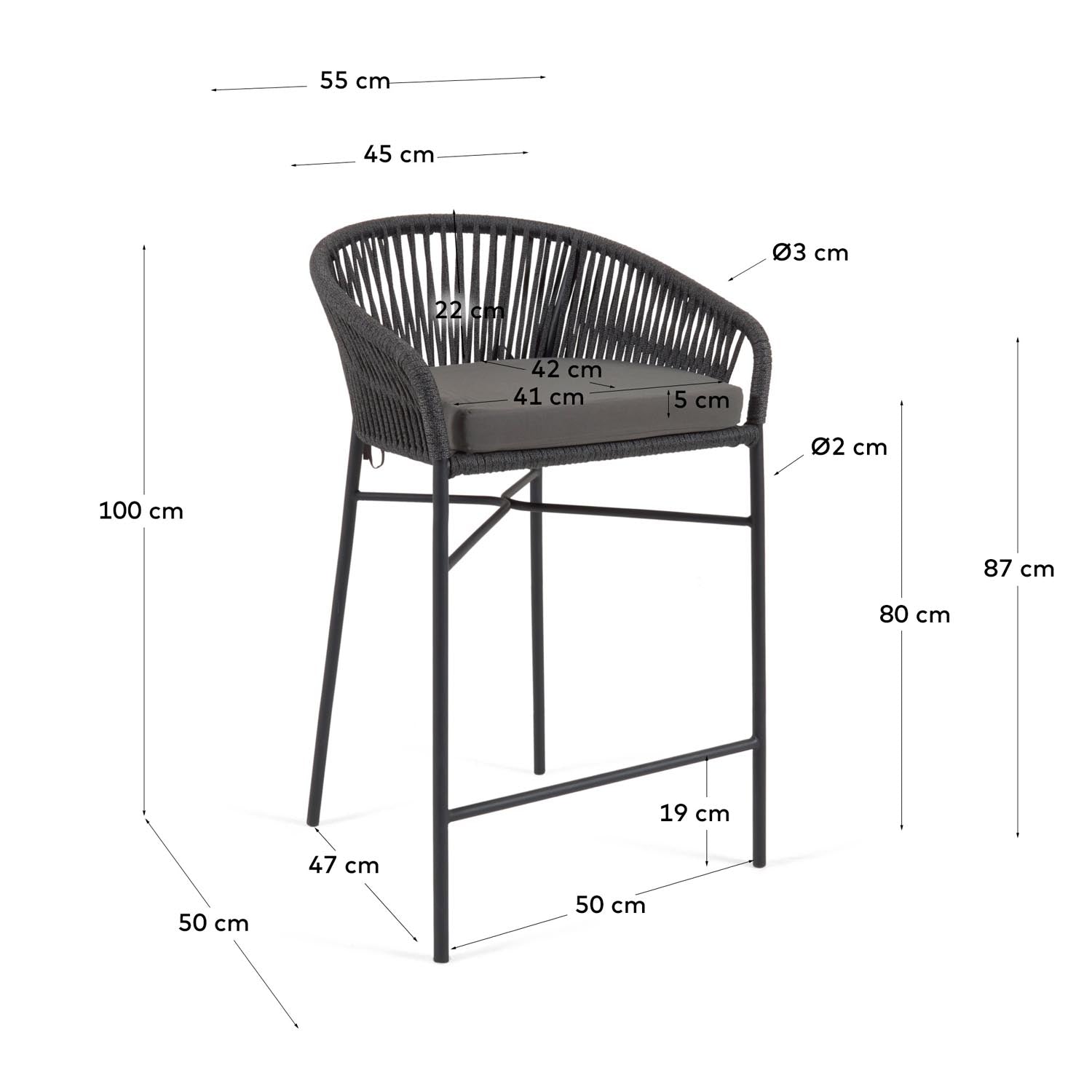 Stylischer Yanet Hocker von Kave Home, 80 cm hoch, aus robustem schwarzem Seil, ideal für Outdoor-Bars und vielseitig einsetzbar.