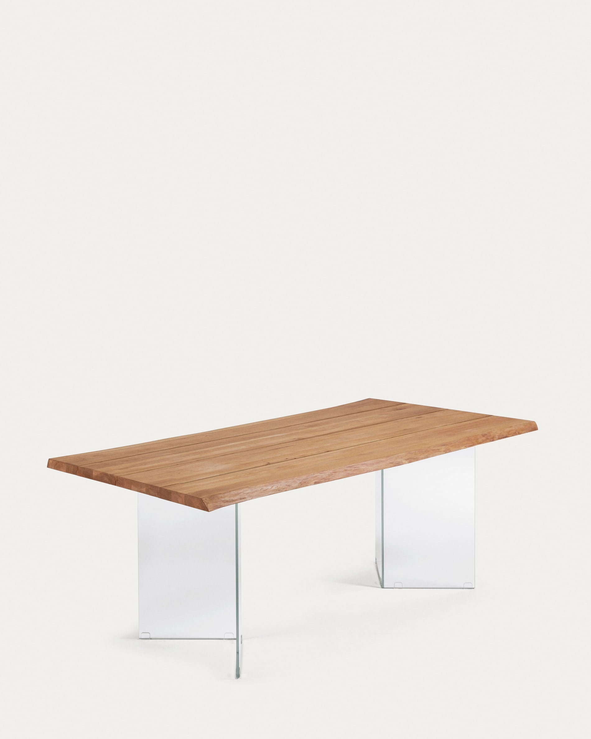 Moderner Lotty Tisch mit natürlichem Eichenfurnier und transparenten Glasbeinen, 180x100 cm, ideal für stilvolle Einrichtungen.