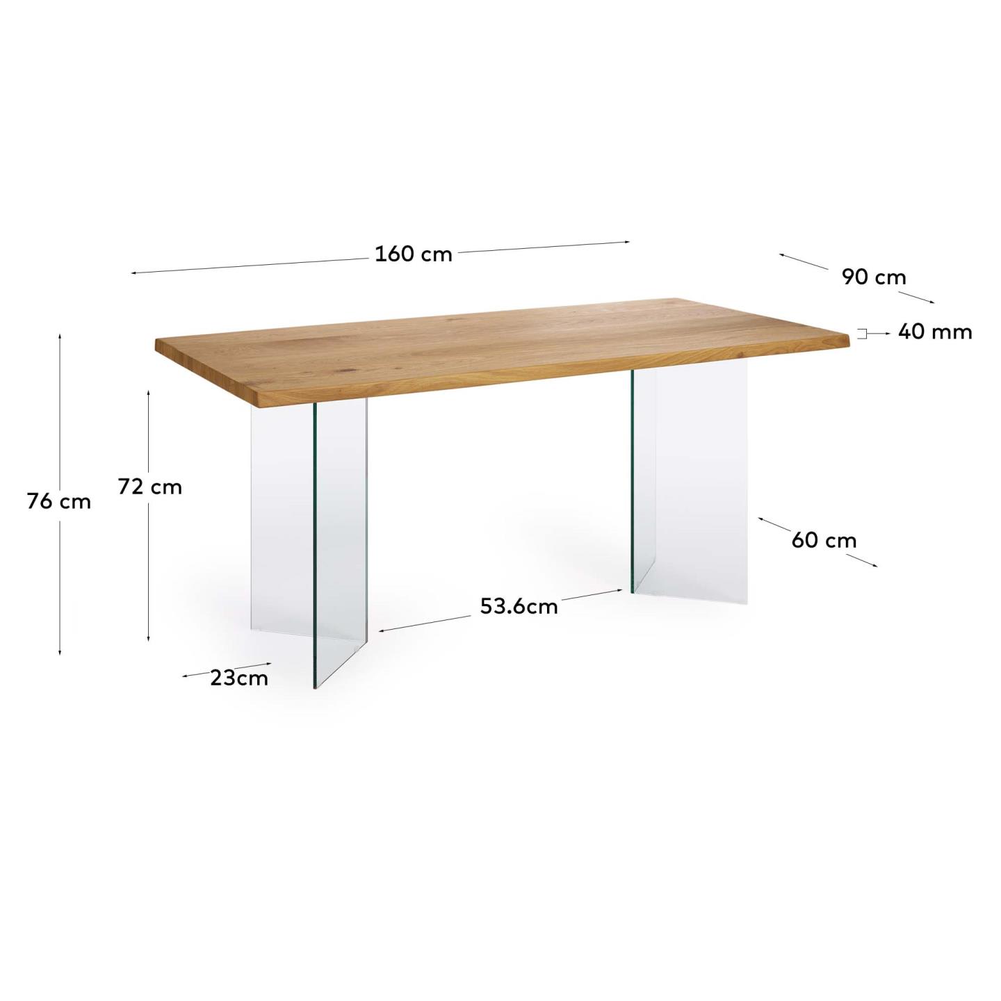 Entdecken Sie den Lotty Tisch von Kave Home: Eichenfurnier mit natürlichem Finish und schwebenden Glasbeinen (160 x 90 cm) – der perfekte Mittelpunkt für Ihr Esszimmer.