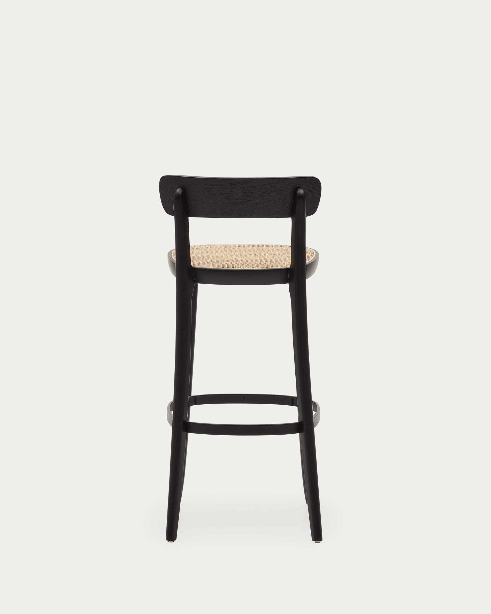 Moderner Romane Hocker aus Buchenholz, schwarzes Finish, Eschenfurnier und Rattan, 75 cm hoch, perfekt für stilvolle Einrichtungen.