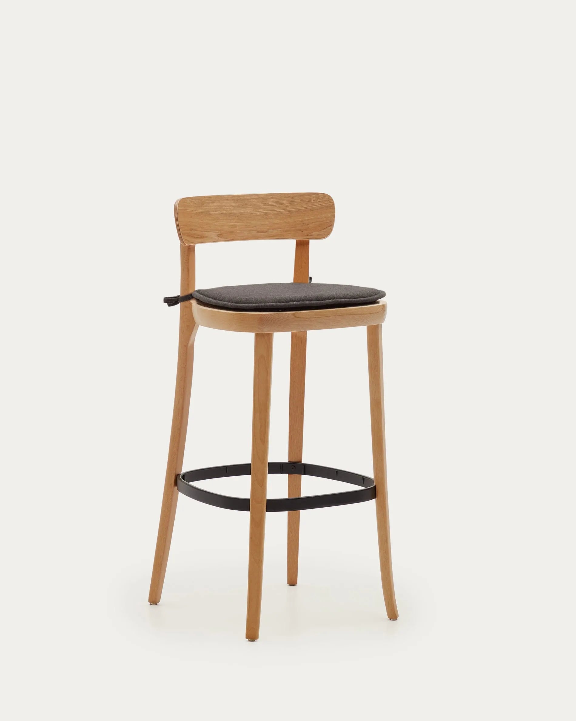 Moderner Romane Hocker aus Buchenholz, schwarzes Finish, Eschenfurnier und Rattan, 75 cm hoch, perfekt für stilvolle Einrichtungen.