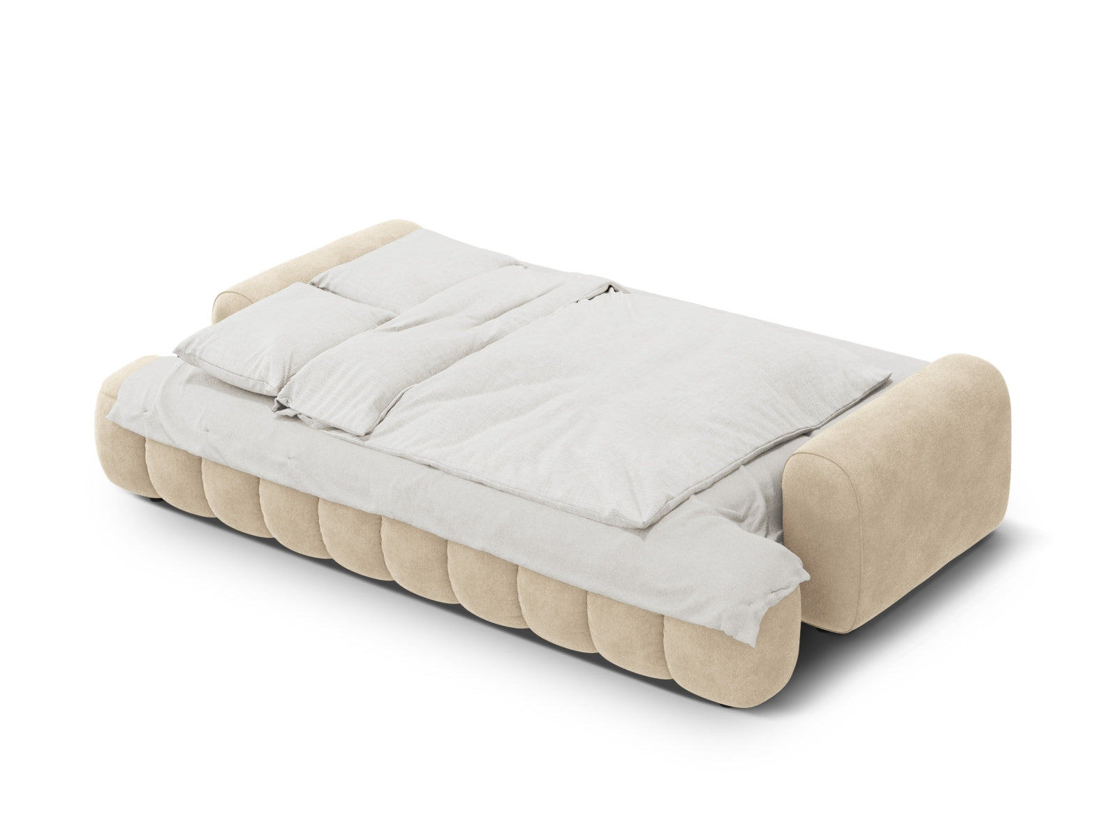 Elegantes Linz Velour Sofa in sanftem Beige, 4-Sitzer mit cleverer Schlaffunktion und Stauraum für zusätzlichen Komfort und Flexibilität.