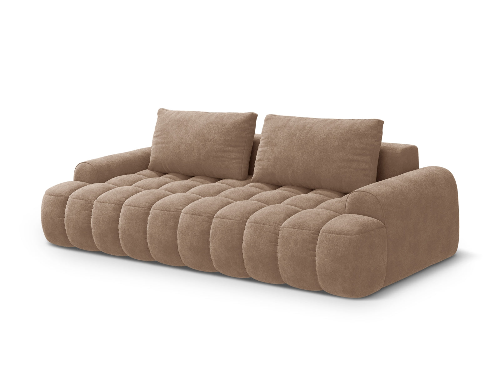 Stilvolles Linz Velour Sofa in sanftem Dunkelbeige, 4-Sitzer mit praktischer Schlaffunktion und integriertem Stauraum für moderne Wohnkonzepte.