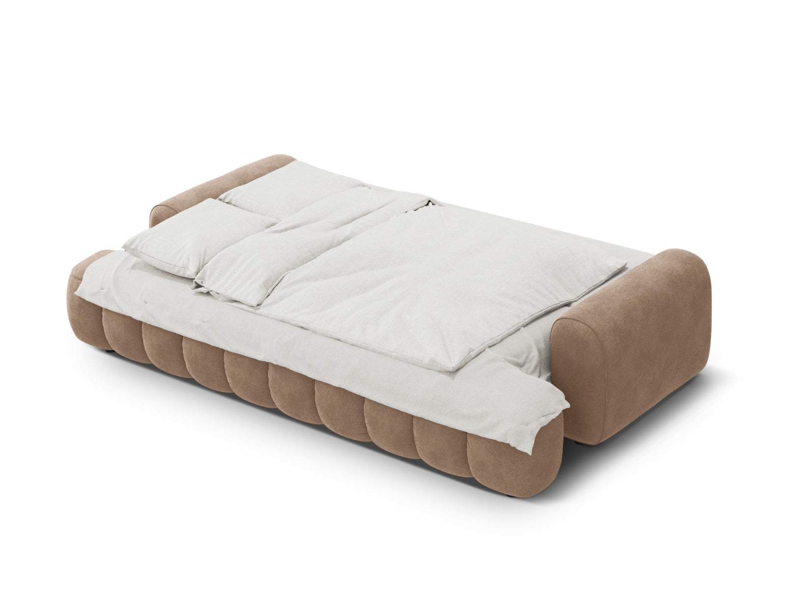Elegantes Linz Velour Sofa in edlem Dunkelbeige, 4-Sitzer mit cleverer Schlaffunktion und Stauraum, ideal für stilvolle Wohnräume.