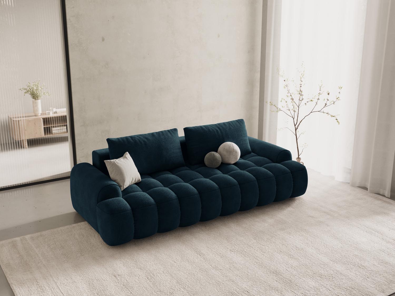 Elegantes Linz Velour Sofa in Deep Petrol-Vogue, 4-Sitzer mit Schlaffunktion und Stauraum, ideal für stilvolle Wohnräume.
