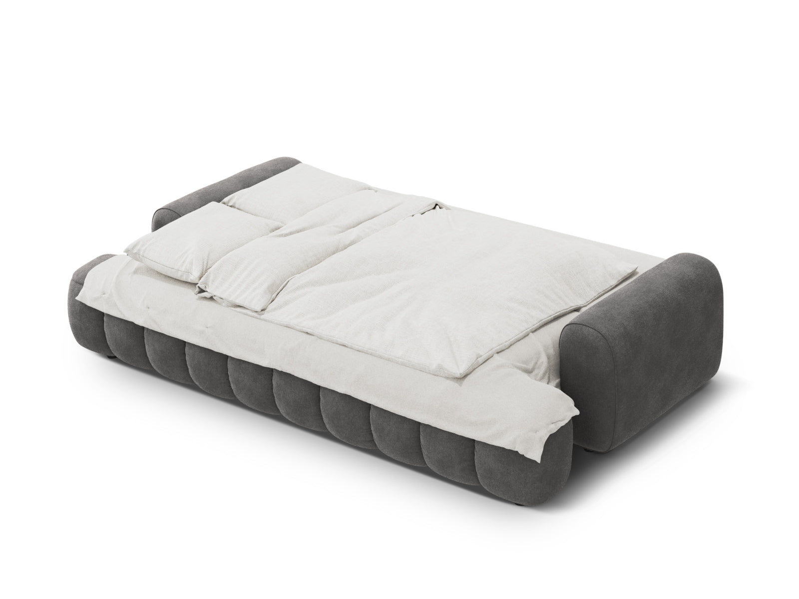 Elegantes graues Velour Sofa für 4 Personen, ausgestattet mit Schlaffunktion und Stauraum, ideal für stilvolle und funktionale Wohnräume.