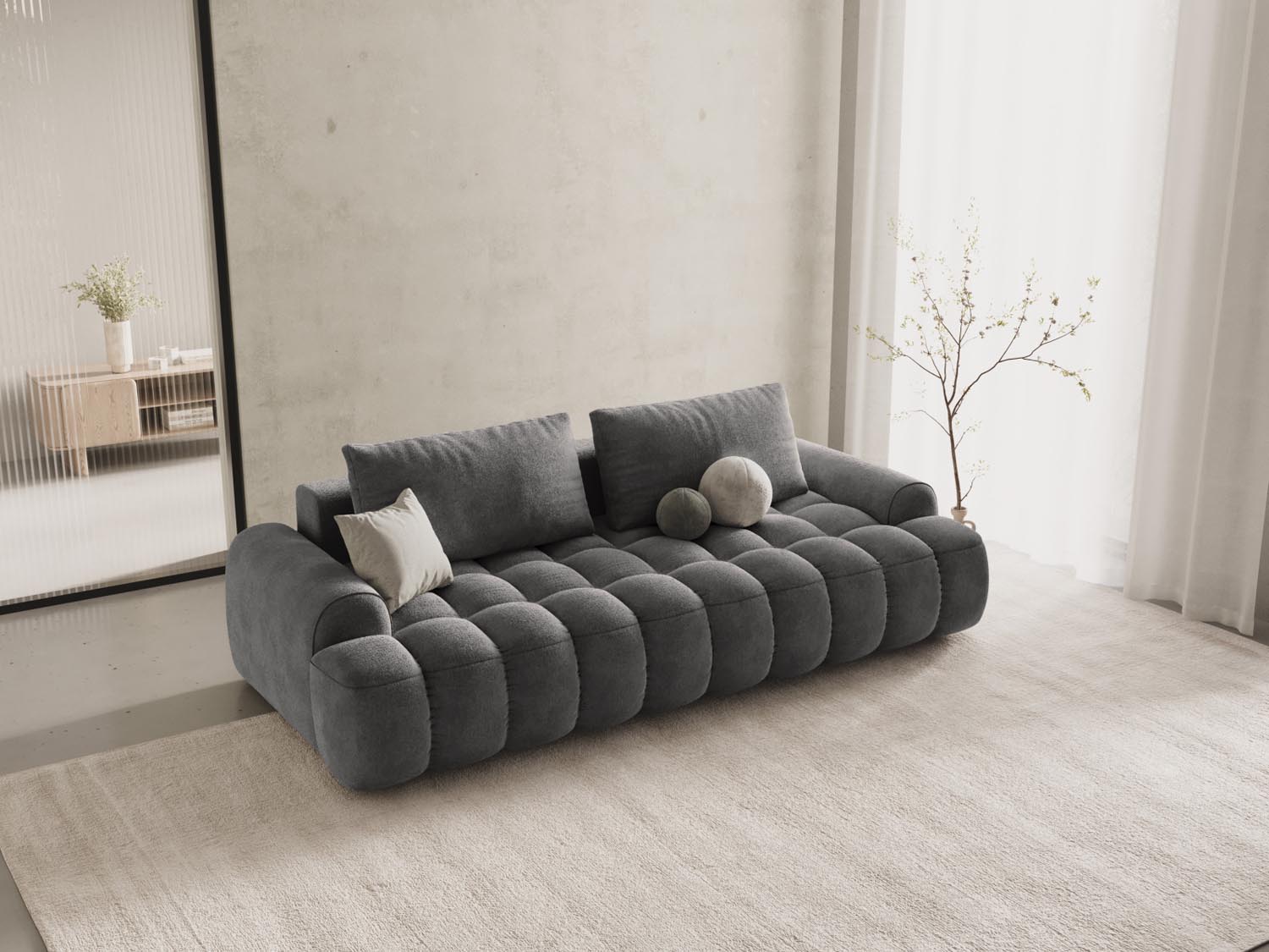Elegantes Linz Velour Sofa in Grau mit Schlaffunktion und Stauraum, ideal für stilvolle Wohnräume und Gästeübernachtungen.
