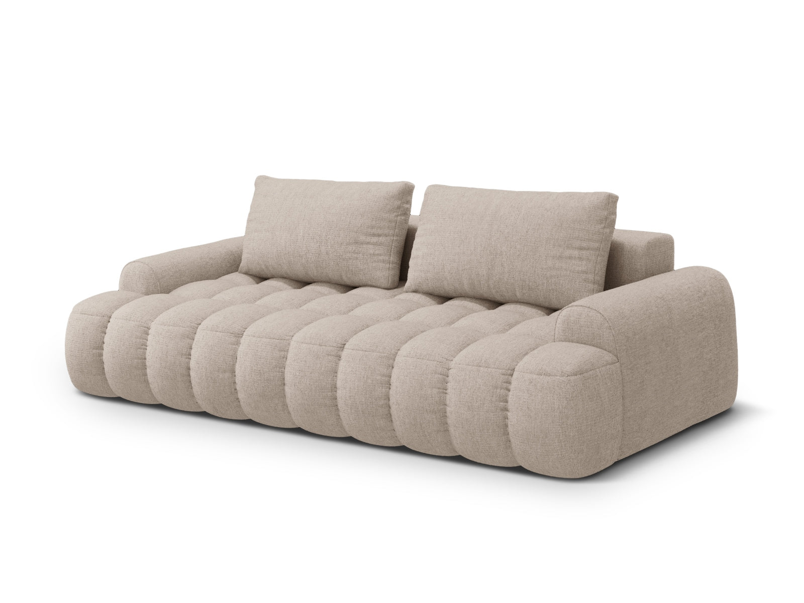 Modernes Linz Sofa in Sand-Sorella, 4-Sitzer mit praktischer Schlaffunktion und Stauraum, perfekt für vielseitige Wohnkonzepte.