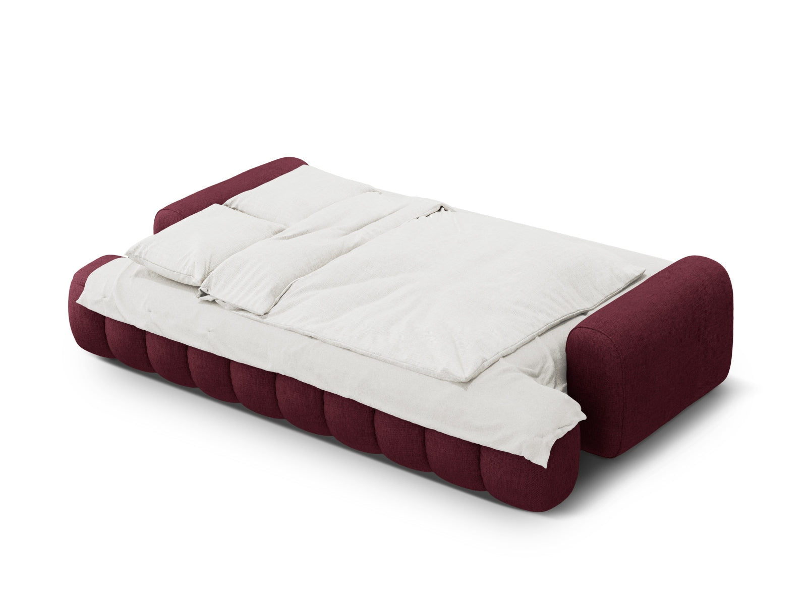 Elegantes Linz Sofa in stilvollem Burgunderrot, 4-Sitzer mit cleverer Schlaffunktion und Stauraum für optimale Raumnutzung.