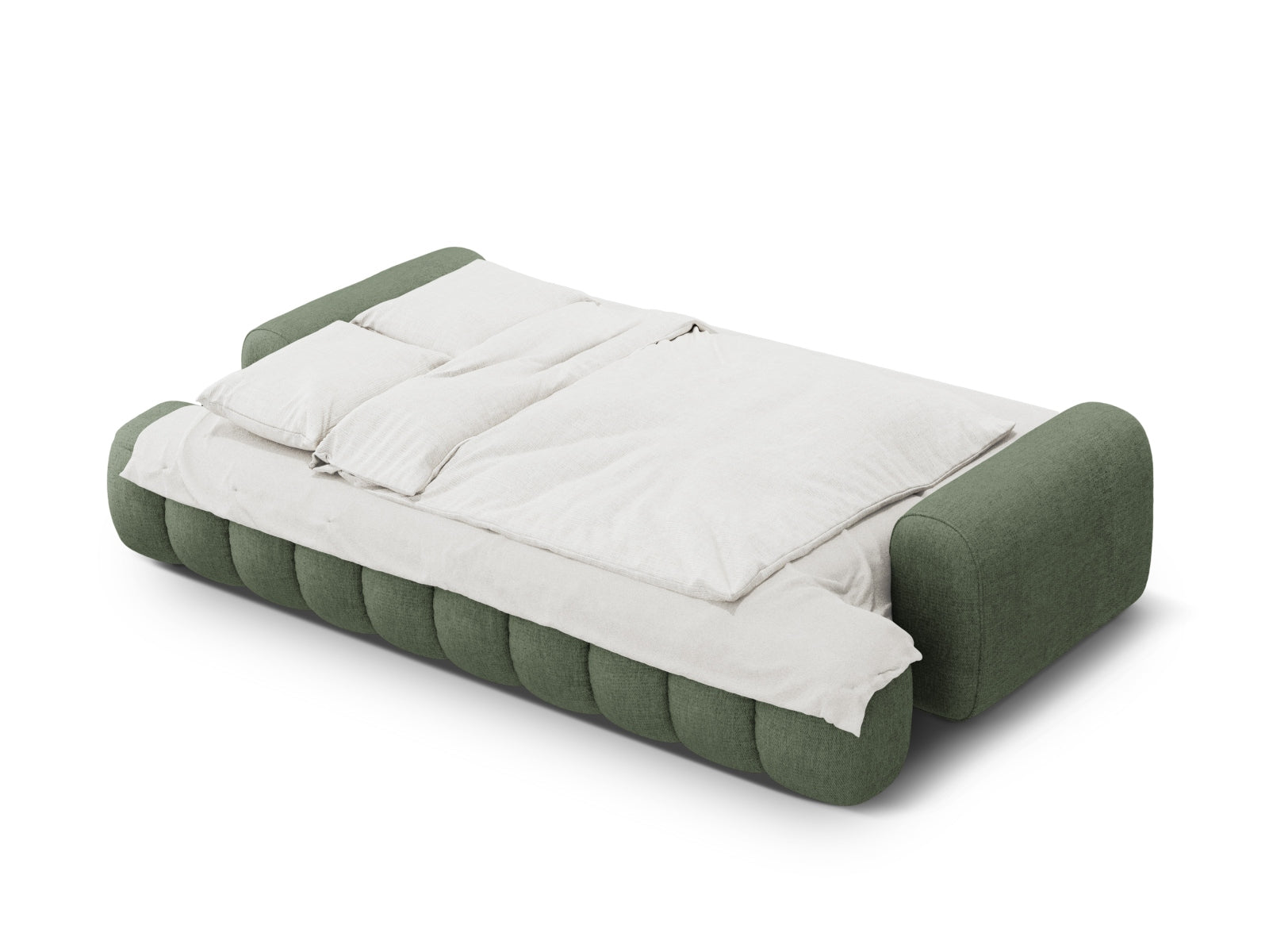Elegantes 4-Sitzer Sofa Linz in Dunkeloliv, ideal für Wohnräume, bietet Schlaffunktion und Stauraum für optimale Flexibilität.