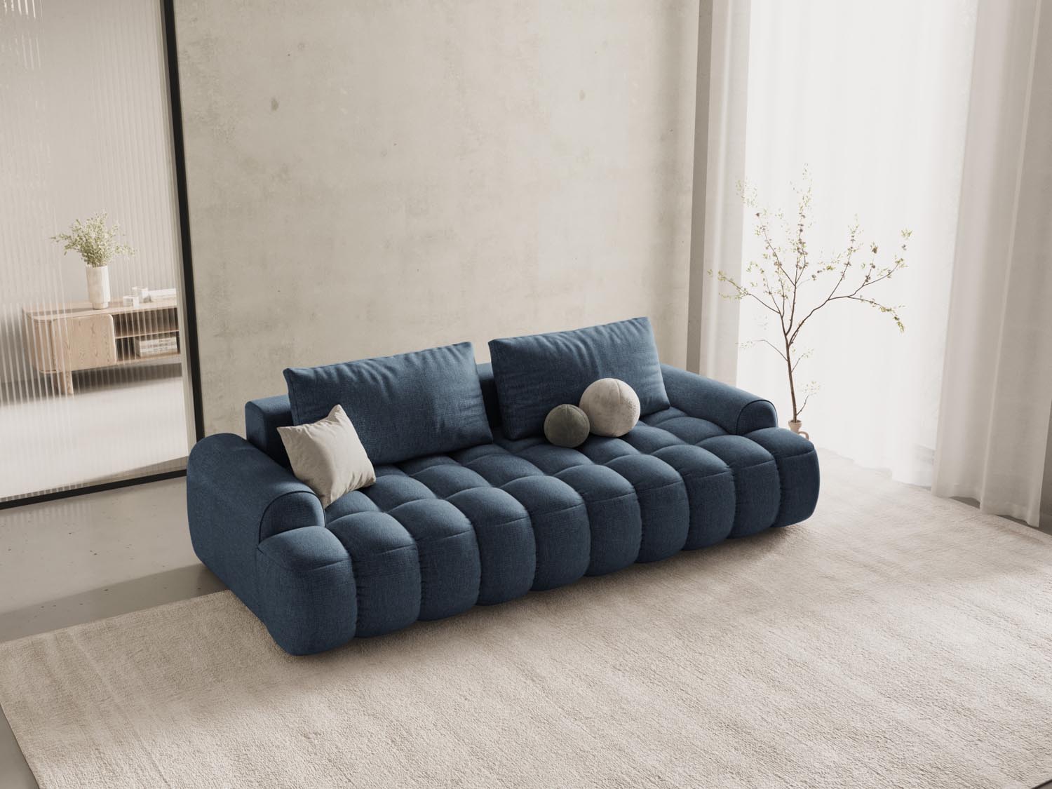 Elegantes Linz Sofa in Dunkelblau mit Schlaffunktion und Stauraum, ideal für stilvolle Wohnräume und Gästeübernachtungen.