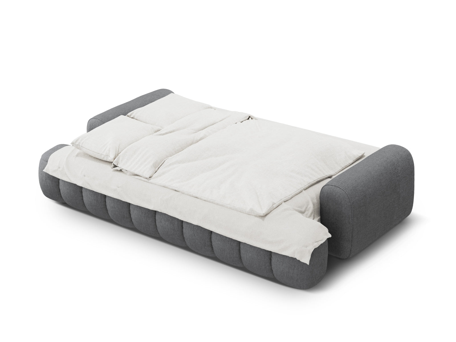 Modernes Linz Sofa in stilvollem Grau, 4-Sitzer mit cleverer Schlaffunktion und integriertem Stauraum für optimale Raumnutzung.