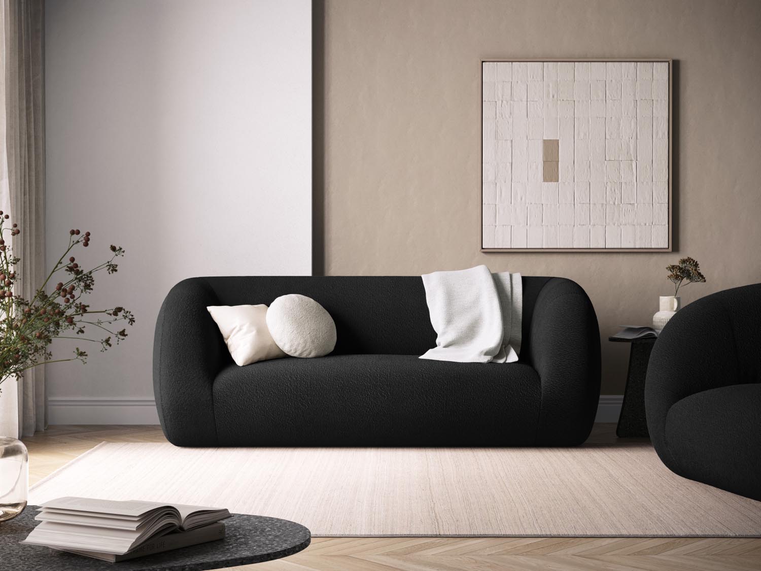 Erleben Sie das stilvolle Essen Boucle Sofa 2 Sitzer von Cosmopolitan Design. Ideal für Ihr modernes Wohnzimmer, vereint es Komfort und Eleganz.