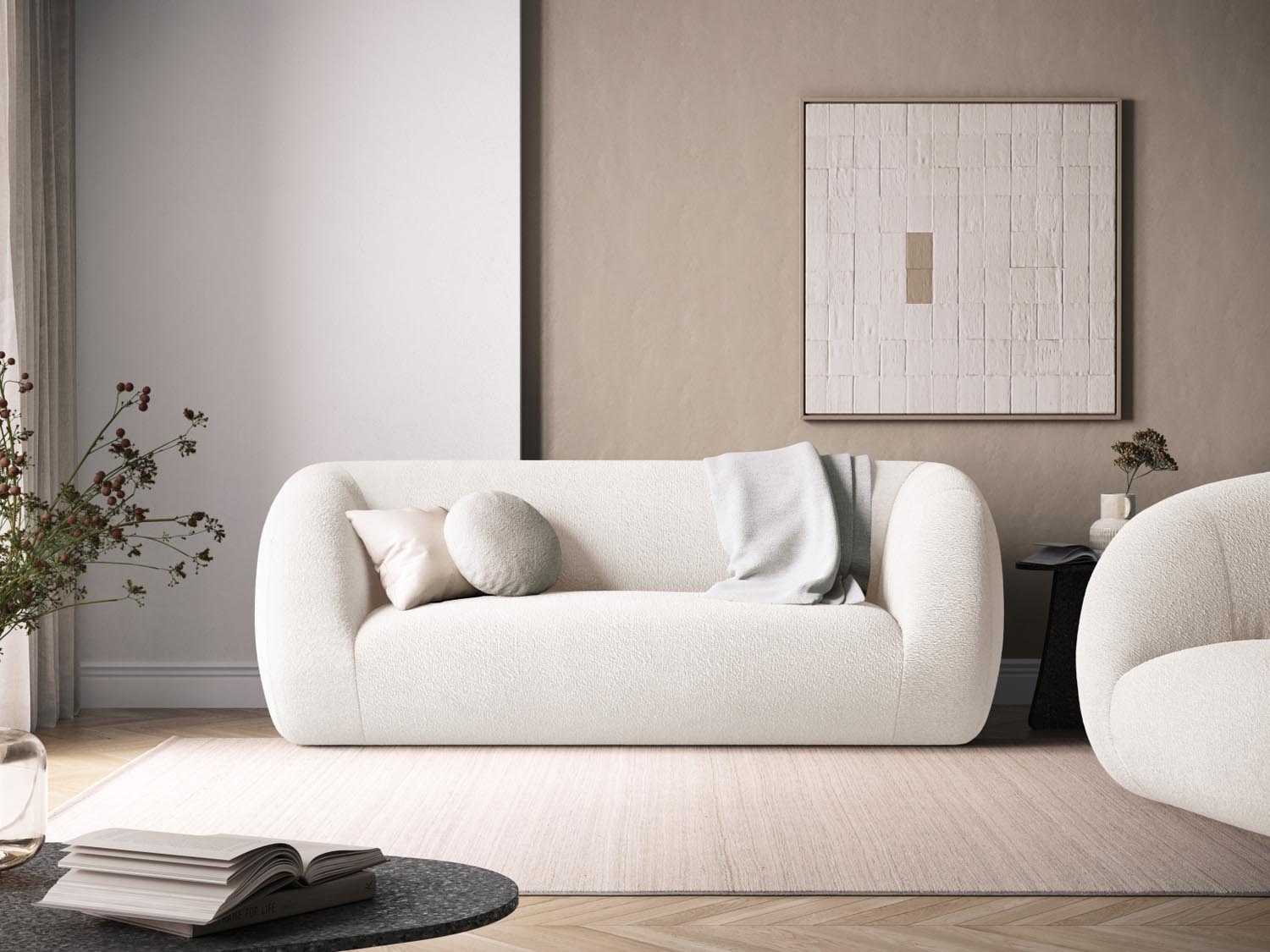 Entdecken Sie das elegante Essen Boucle Sofa 2 Sitzer von Cosmopolitan Design. Perfekt für stilvolle Wohnräume, bietet es Komfort und modernes Design.