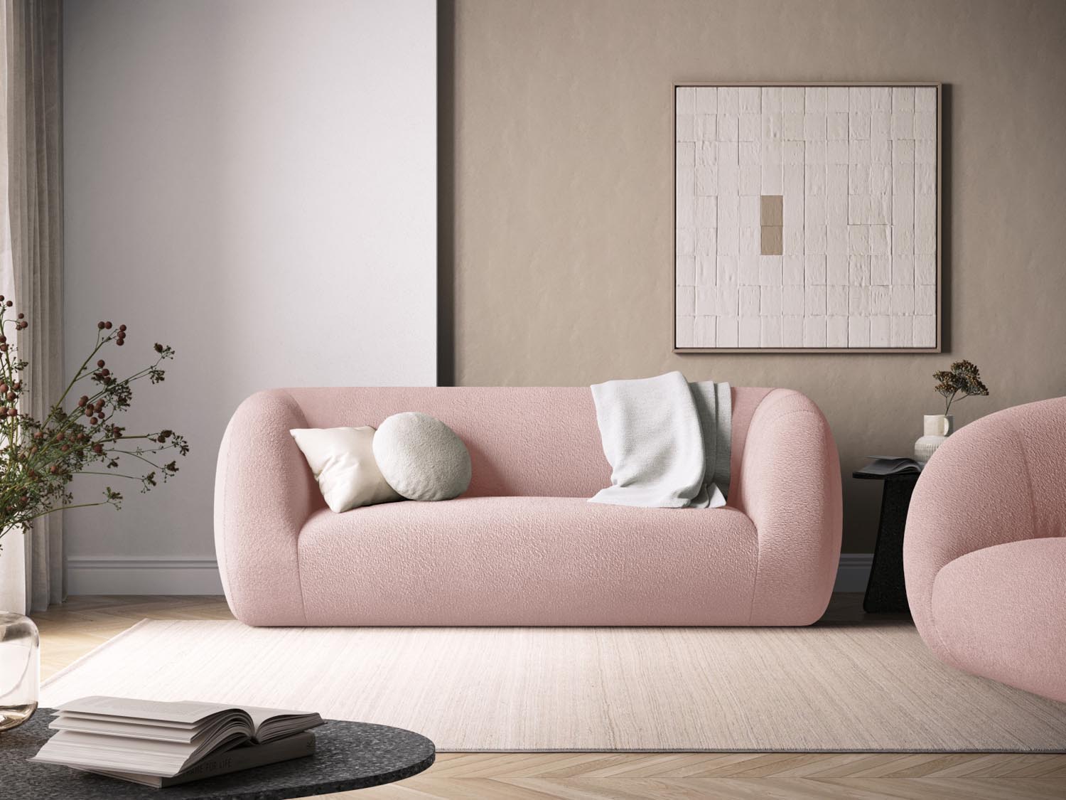 Erleben Sie das stilvolle Essen Boucle Sofa 2 Sitzer von Cosmopolitan Design. Ideal für Ihr modernes Wohnzimmer, vereint es Komfort und Eleganz.