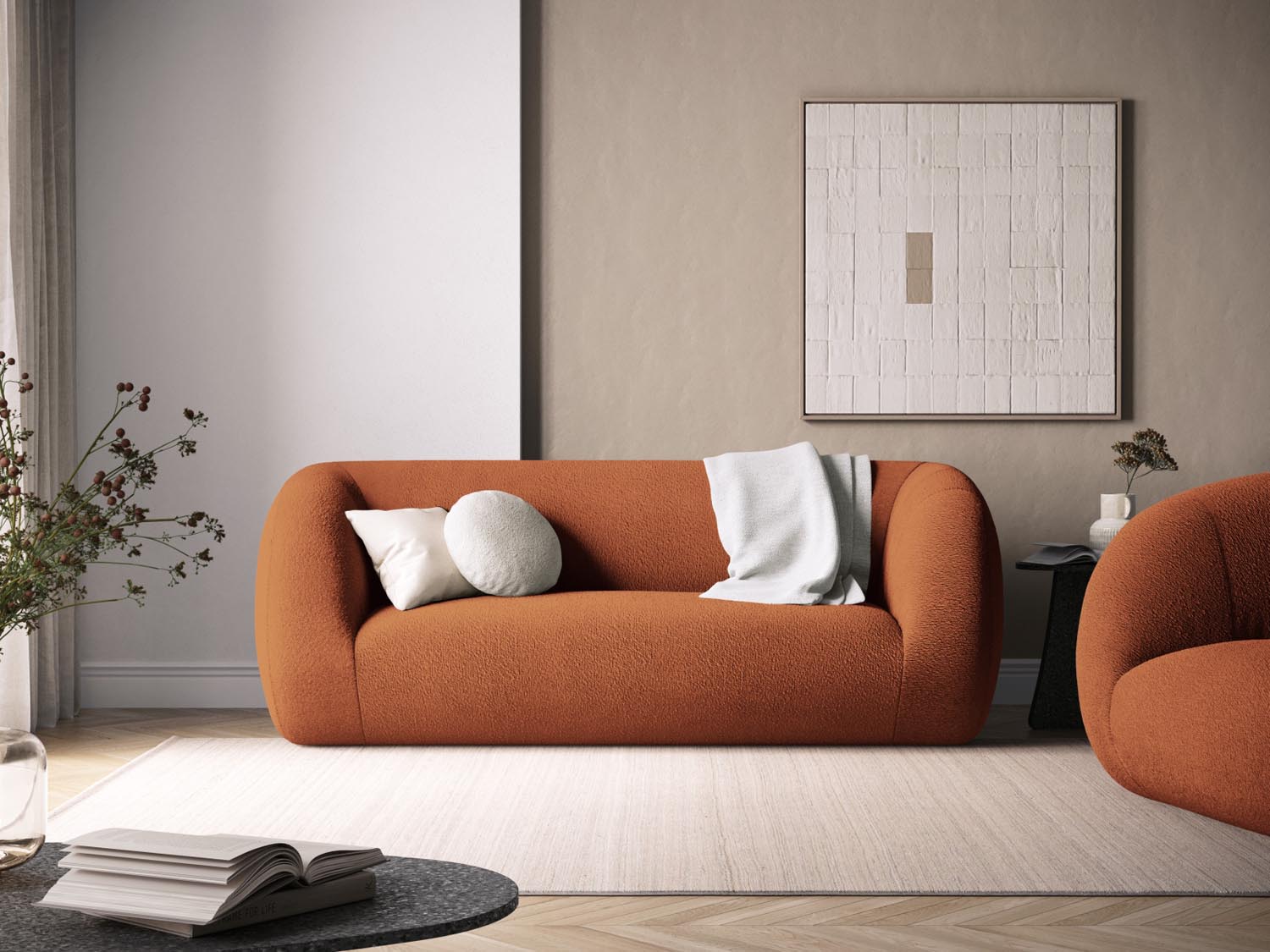 Elegantes 2-Sitzer Sofa "Essen" in warmem Terracotta-Boucle, ideal für stilvolle Wohnräume, präsentiert von Cosmopolitan Design.