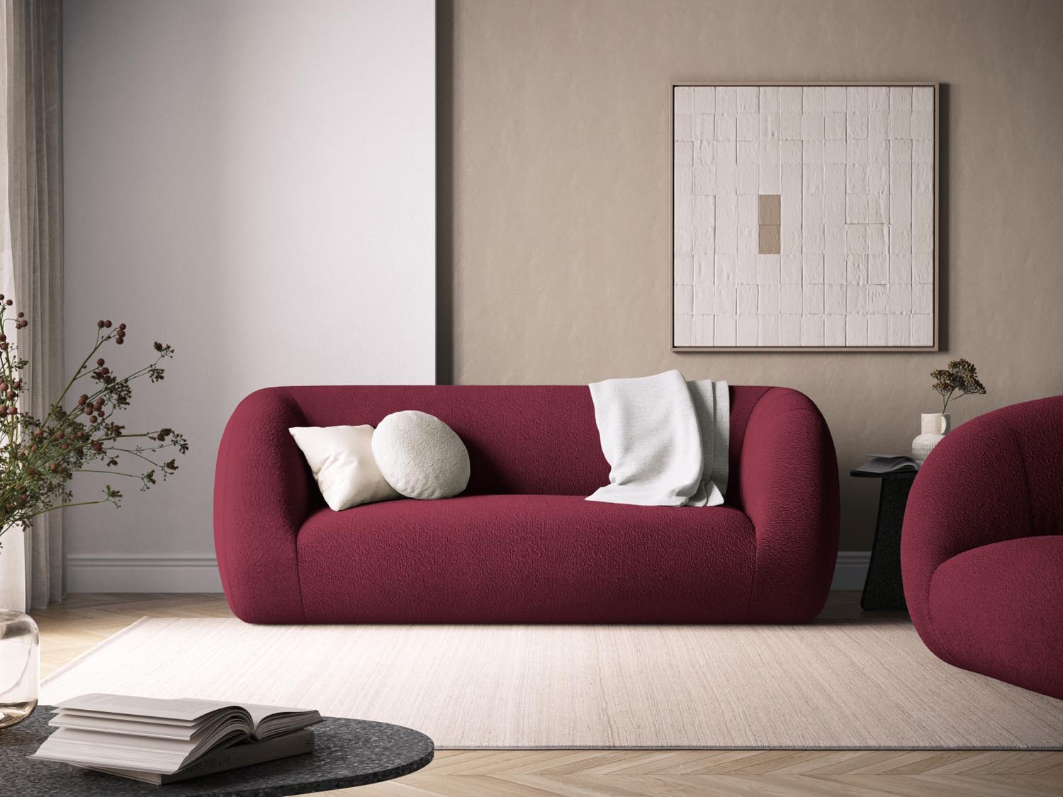 Elegantes 2-Sitzer Sofa "Essen" in Bordeaux-Boucle, stilvoll und modern, ideal für jedes Wohnzimmer, präsentiert von Cosmopolitan Design.