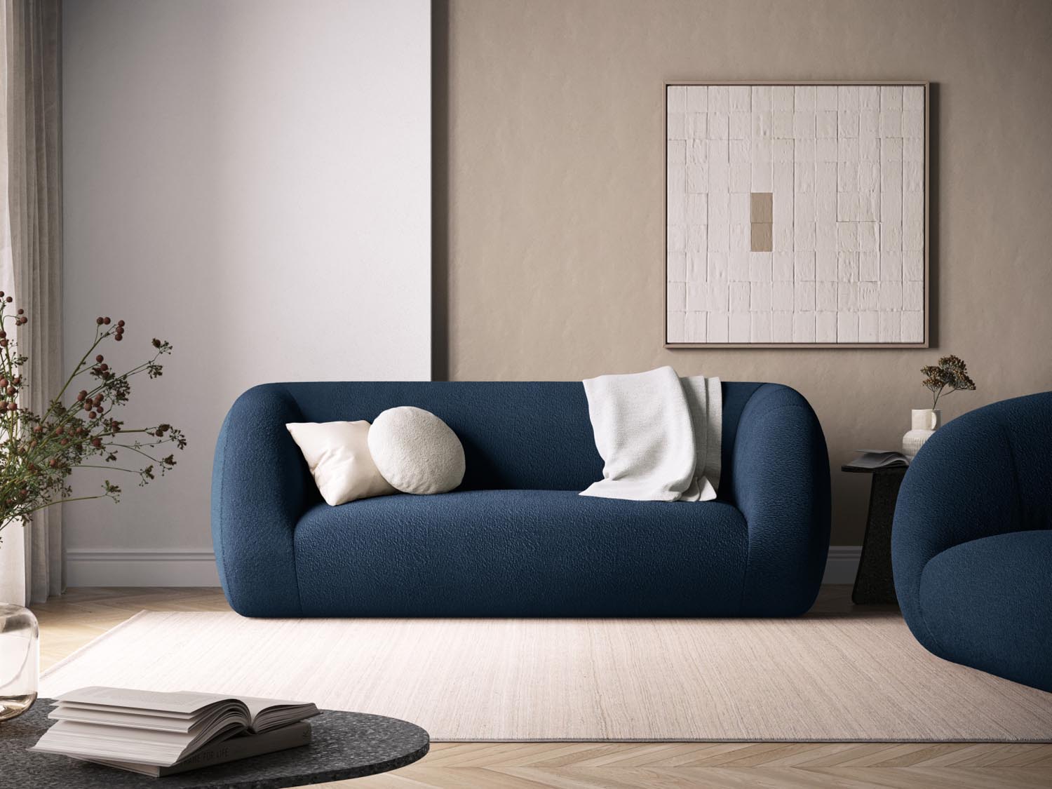 Elegantes 2-Sitzer Sofa "Essen" in Boucle-Optik, dunkelblau, ideal für stilvolle Wohnräume, präsentiert von Cosmopolitan Design.