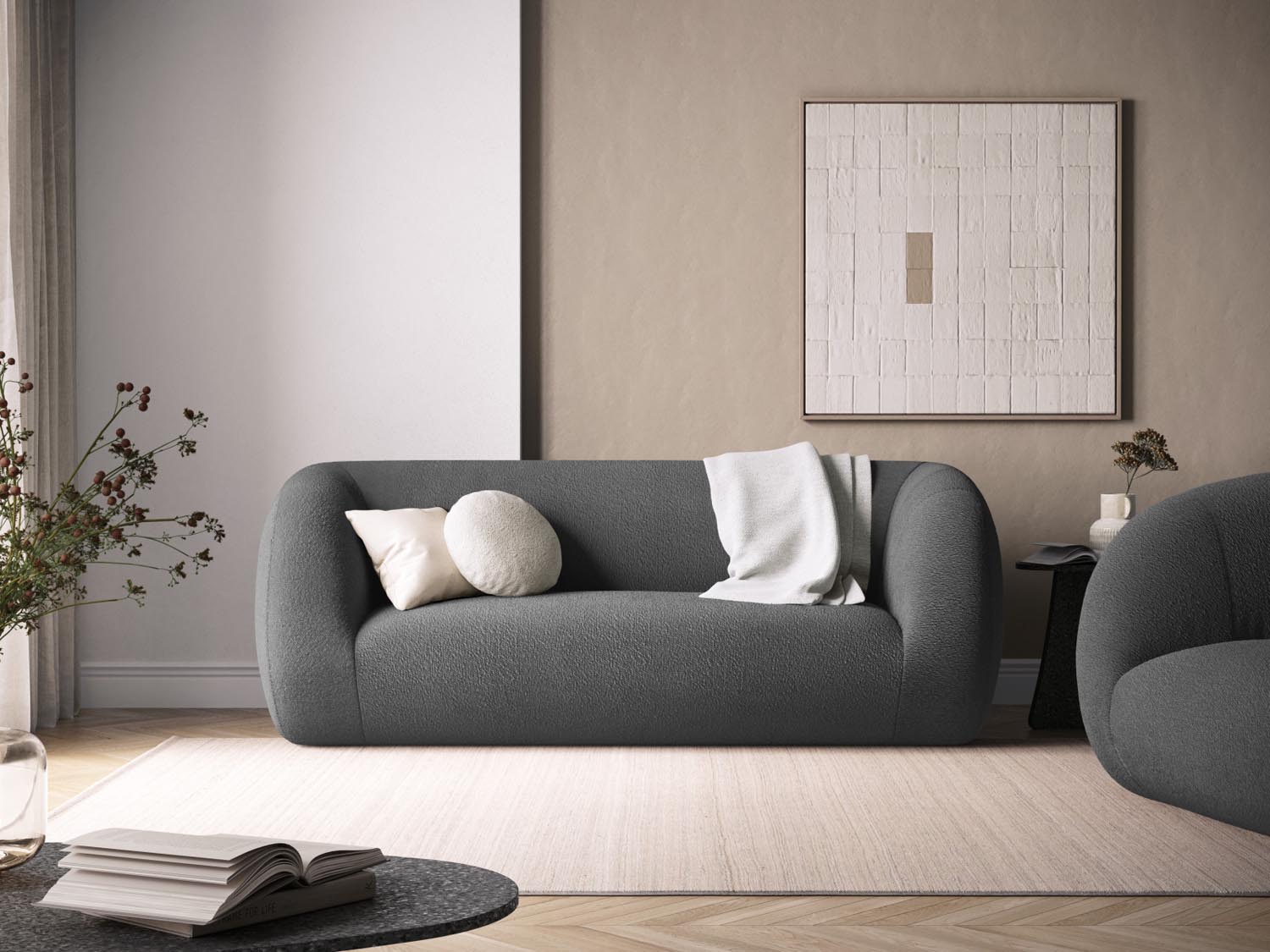 Elegantes 2-Sitzer Sofa "Essen" in Boucle-Optik, stilvoll in Dunkelgrau, ideal für moderne Wohnräume.