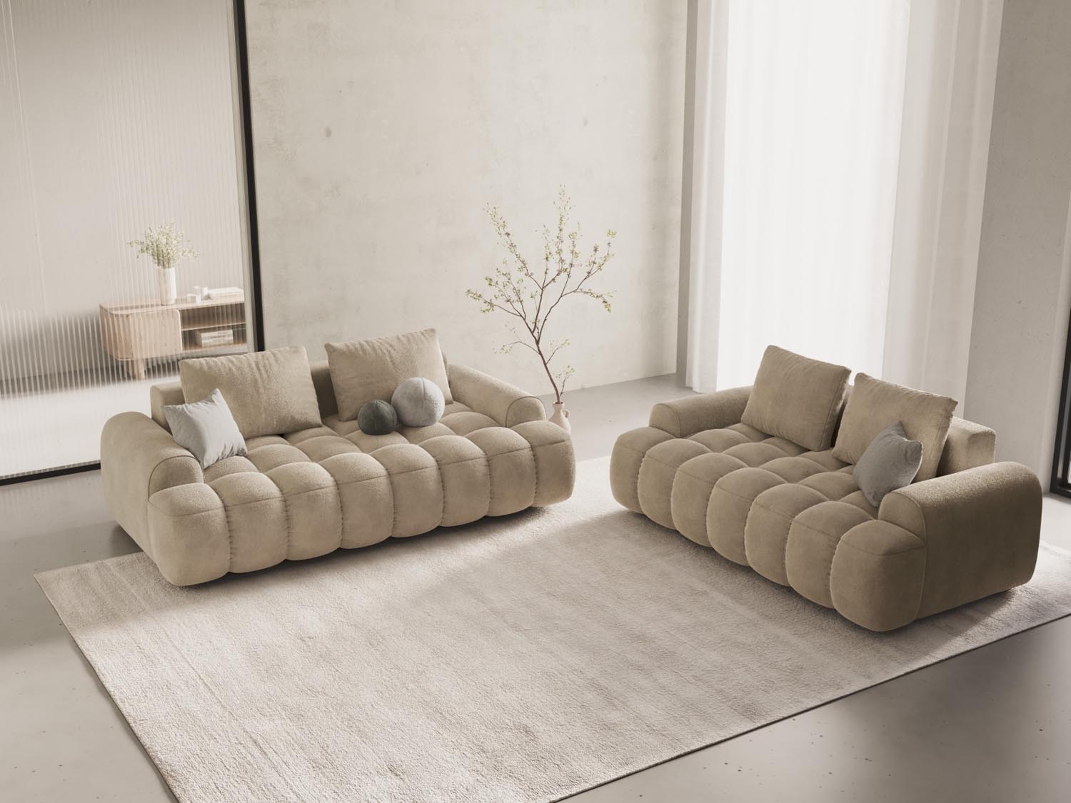 Elegantes Linz Velour Sofa für zwei Personen in sanftem Beige, ideal für stilvolle Wohnräume und gemütliche Abende.