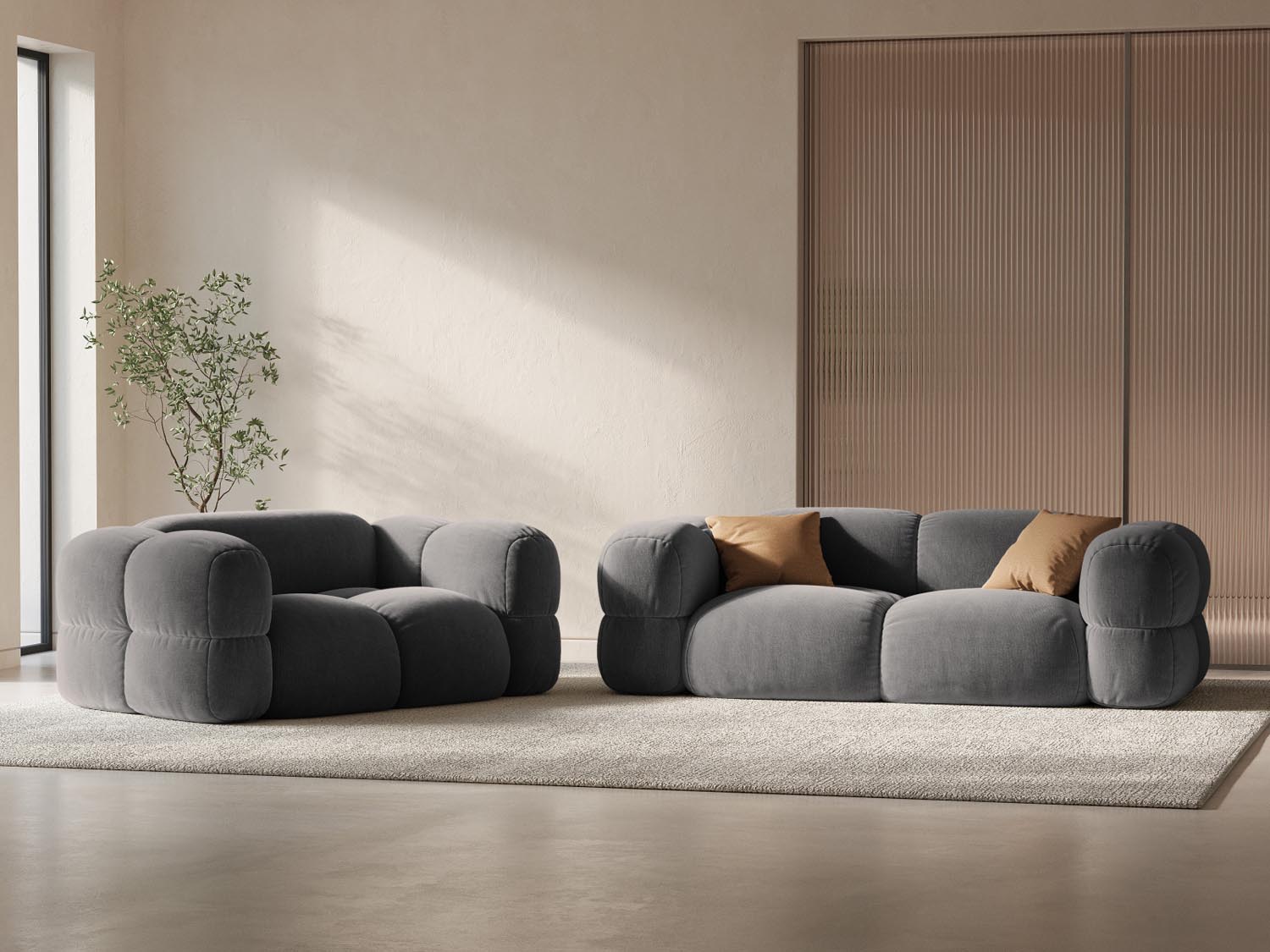 Elegantes Loretto Velour Sofa in Grau, 2-Sitzer mit modernem Design, ideal für stilvolle Wohnräume.