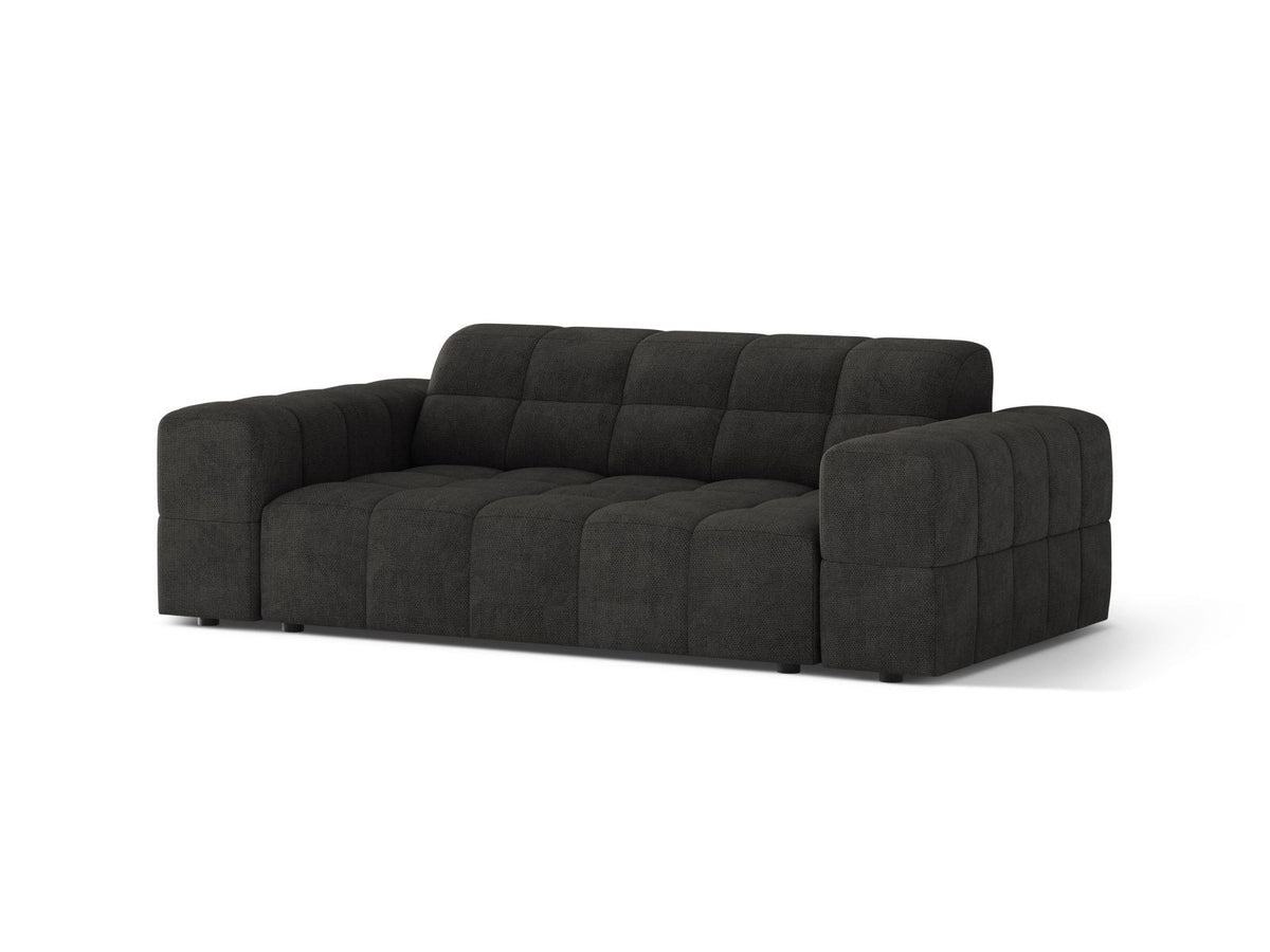 Zweisitzer-Sofa mit hellbeigem Chenille-Bezug (Eden), Massivholzrahmen und schwarzen Kunststoffbeinen, moderne klare Linienführung.