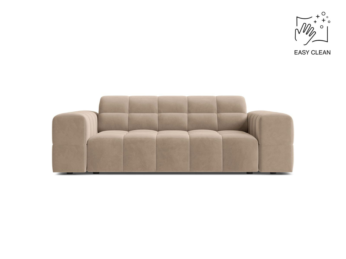 Zweisitzer-Sofa der Serie Chicago in Light Beige-Venus Samtstoff mit Massivholzrahmen und schwarzen Kunststoffbeinen, gerade Form.
