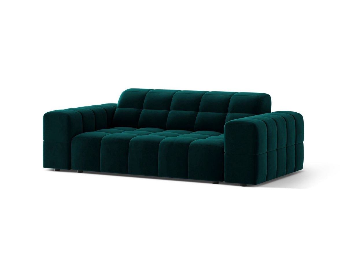 Zweisitzer-Sofa der Serie Chicago in Light Beige-Venus Samtstoff mit Massivholzrahmen und schwarzen Kunststoffbeinen, gerade Form.