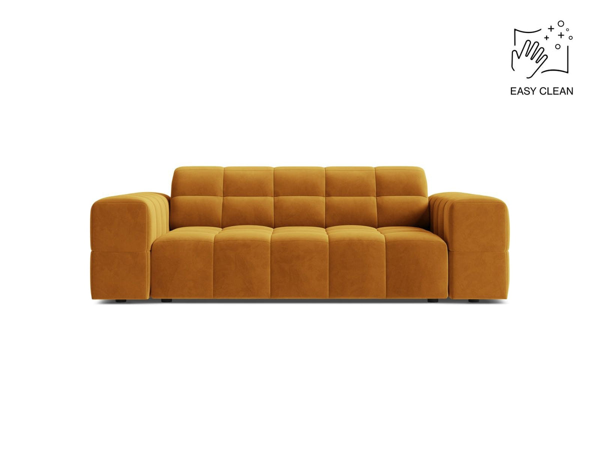Zweisitzer-Sofa der Serie Chicago in Light Beige-Venus Samtstoff mit Massivholzrahmen und schwarzen Kunststoffbeinen, gerade Form.