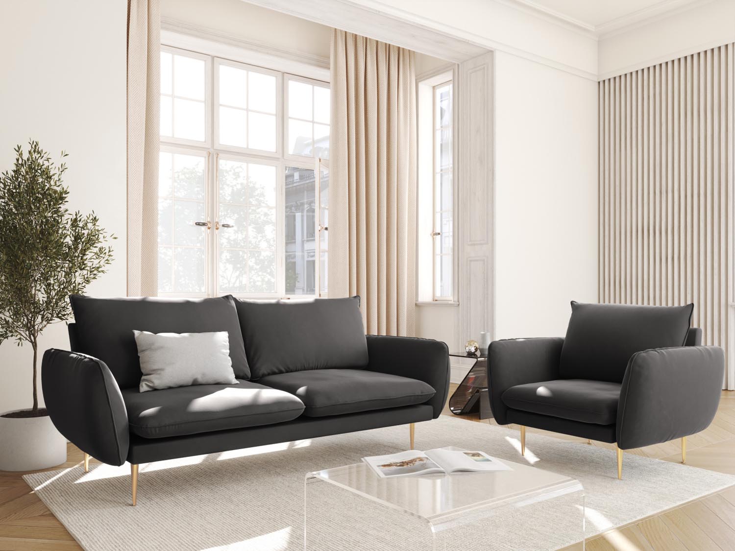 Elegantes 2-Sitzer Sofa "Vienna" in edlem Velours, 92 cm, in Dunkelgrau mit goldenen Akzenten, ideal für stilvolle Wohnräume.