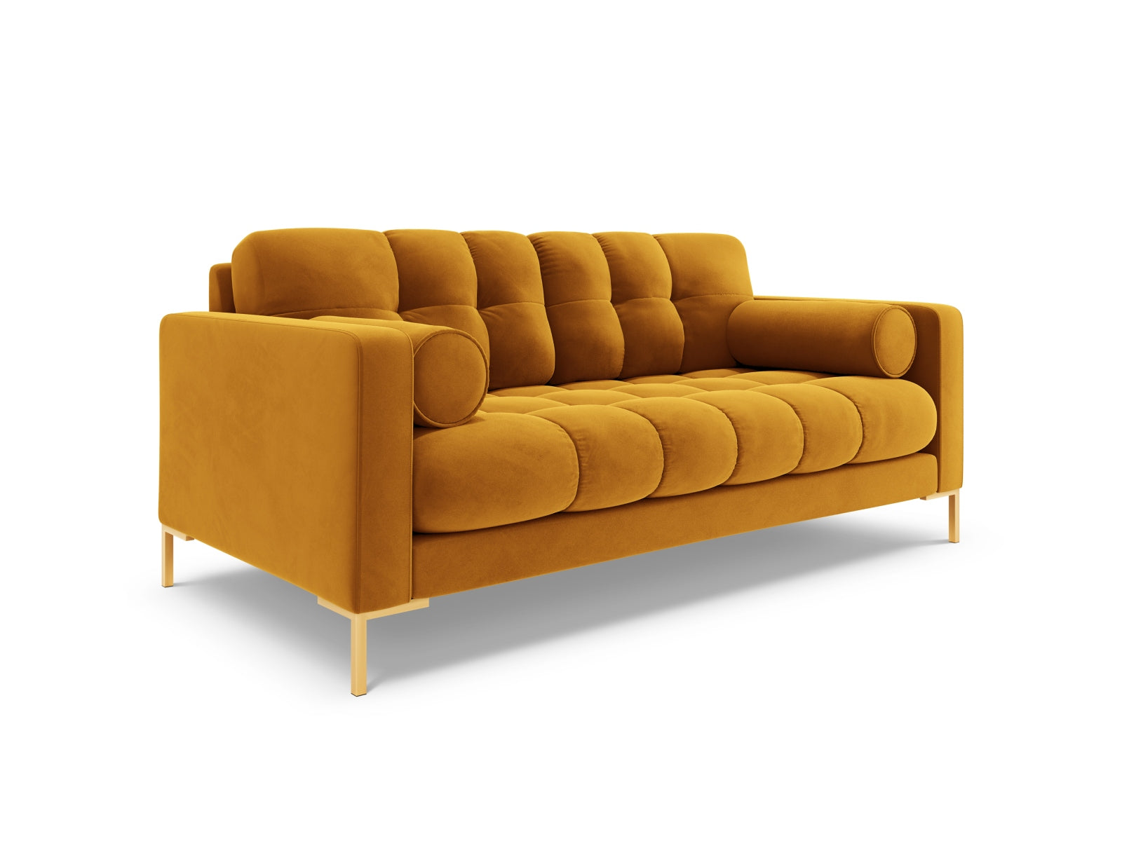 Modernes 2-Sitzer Sofa Bali in strahlendem Gelb-Bluvel, ideal für stilvolle Wohnräume und entspannte Stunden zu zweit.