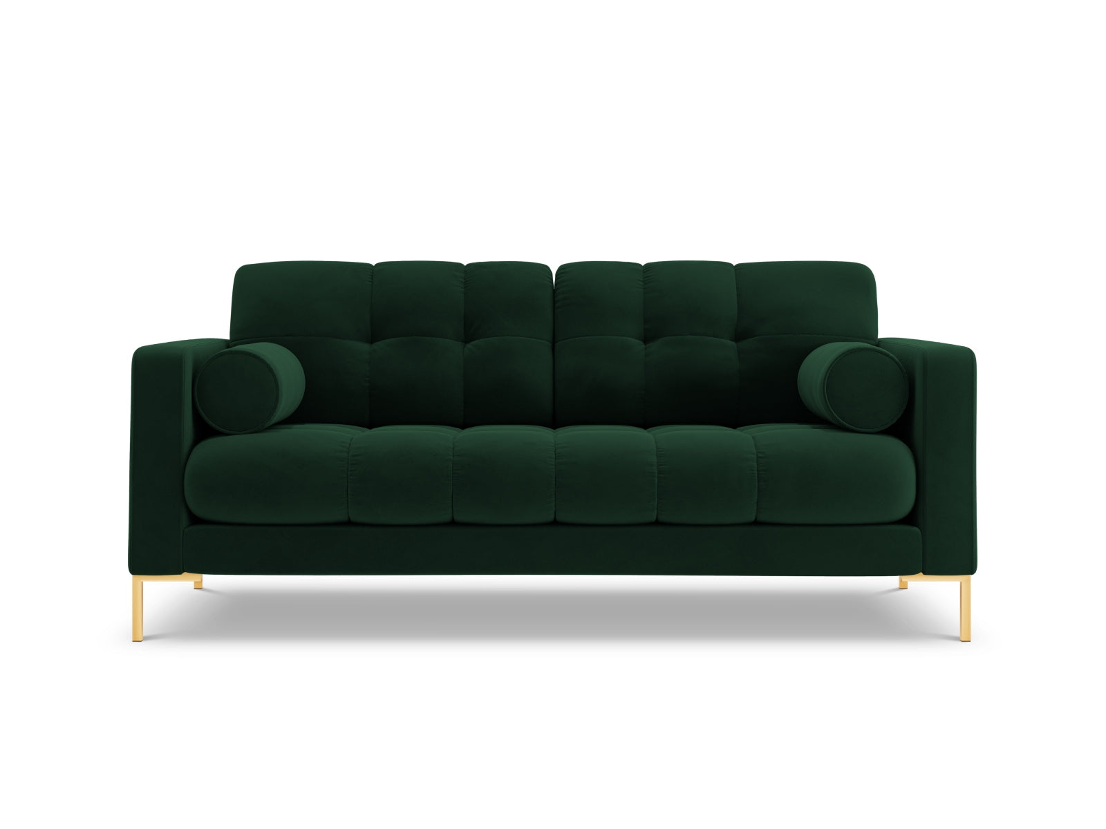 Modernes 2-Sitzer Sofa Bali in luxuriösem Bottle Green-Bluvel, perfekt für gemütliche Abende und stilvolle Einrichtung.
