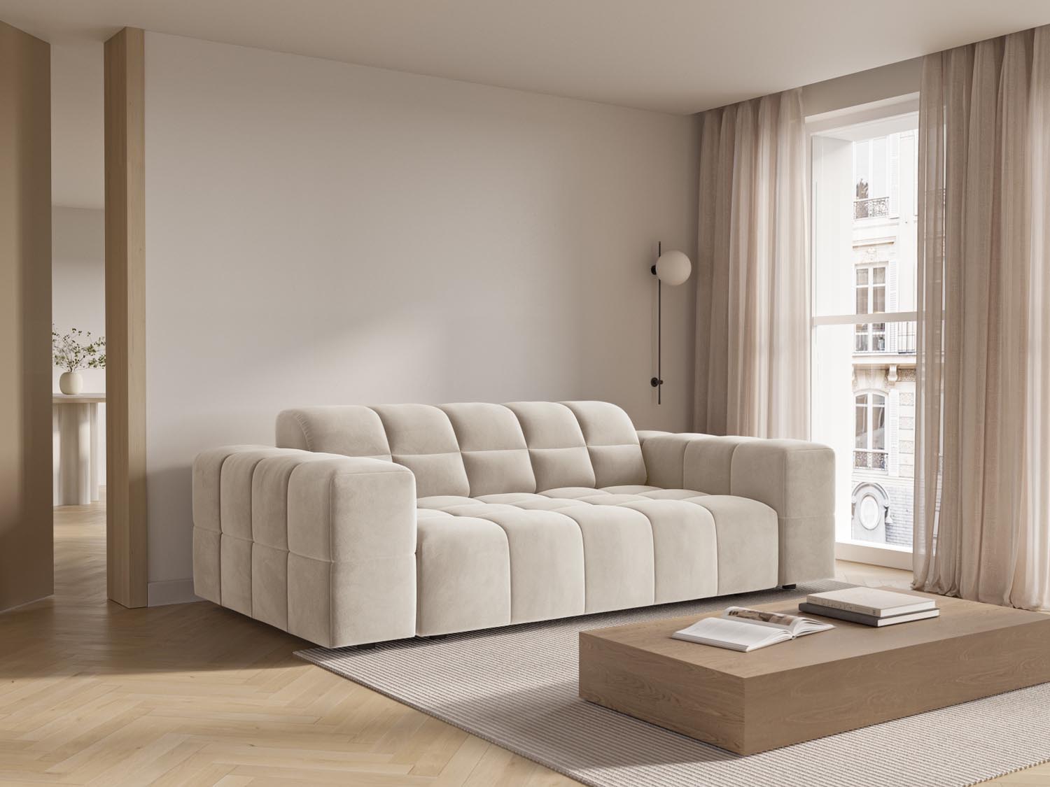 Elegantes Chicago Velour Sofa in Light Beige, 2-Sitzer mit modernem Design, ideal für stilvolle Wohnräume.
