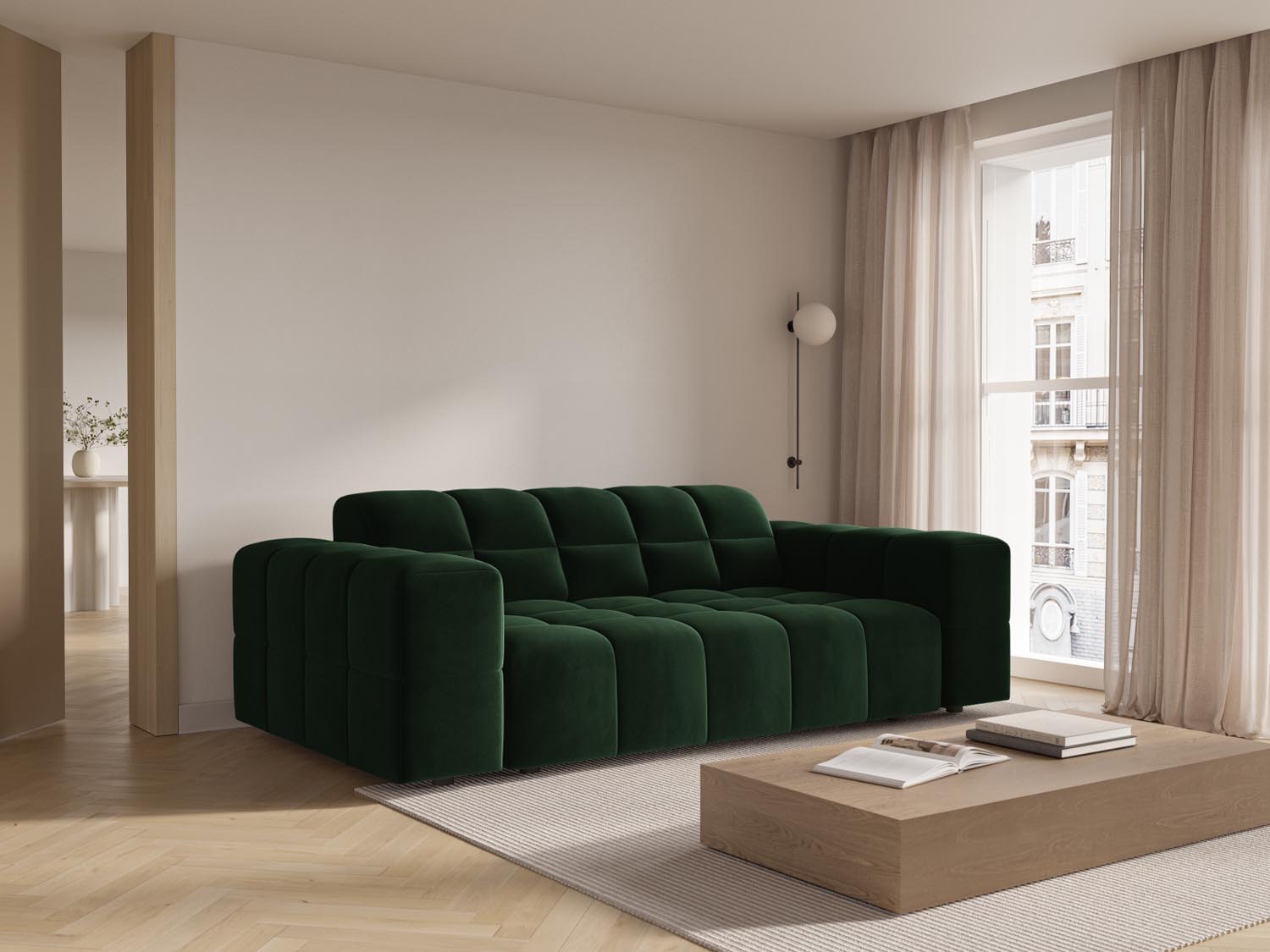 Elegantes Chicago Velour Sofa in Flaschengrün, 2-Sitzer mit modernem Design, ideal für stilvolle Wohnräume.