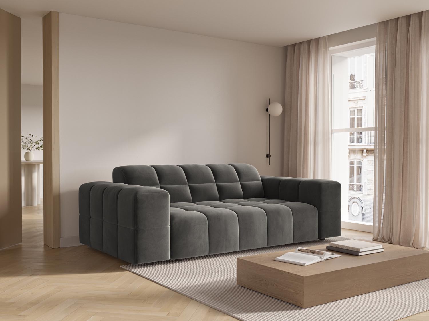 Elegantes Chicago Velour Sofa in sanftem Grau, ideal für stilvolle Wohnräume. Kompakte 2-Sitzer-Variante von Cosmopolitan Design.
