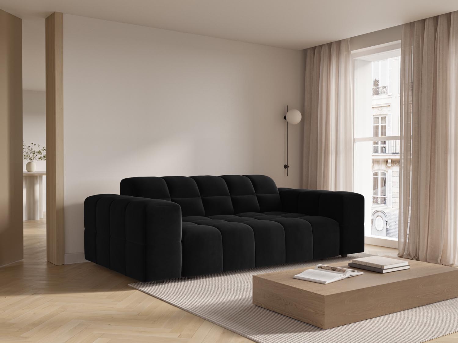 Elegantes Chicago Velour Sofa in Schwarz-Bluvel, 2-Sitzer mit modernem Design, ideal für stilvolle Wohnräume.