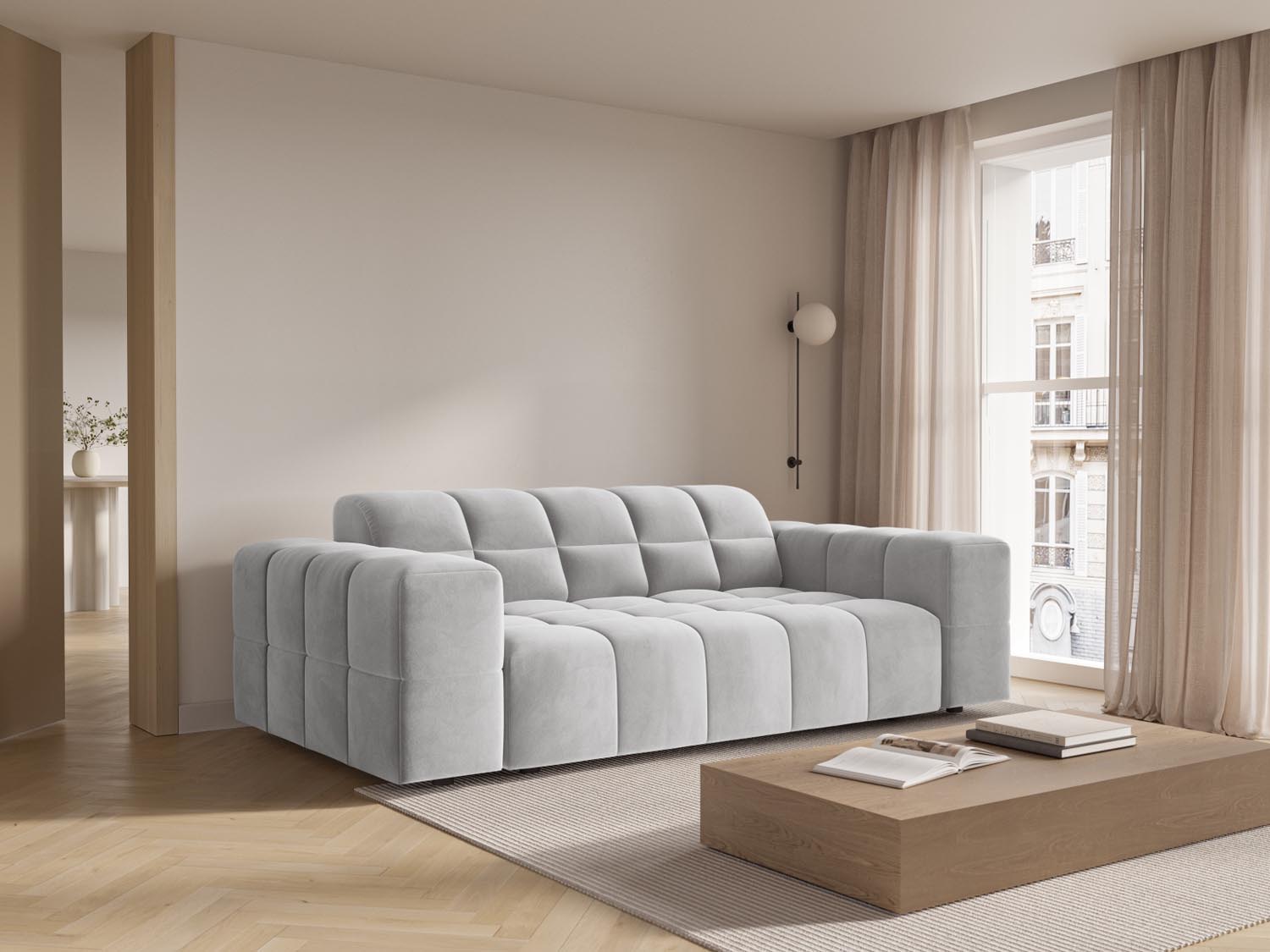 Elegantes Chicago Velour Sofa in Silber-Blau, 2-Sitzer mit modernem Design, ideal für stilvolle Wohnräume.
