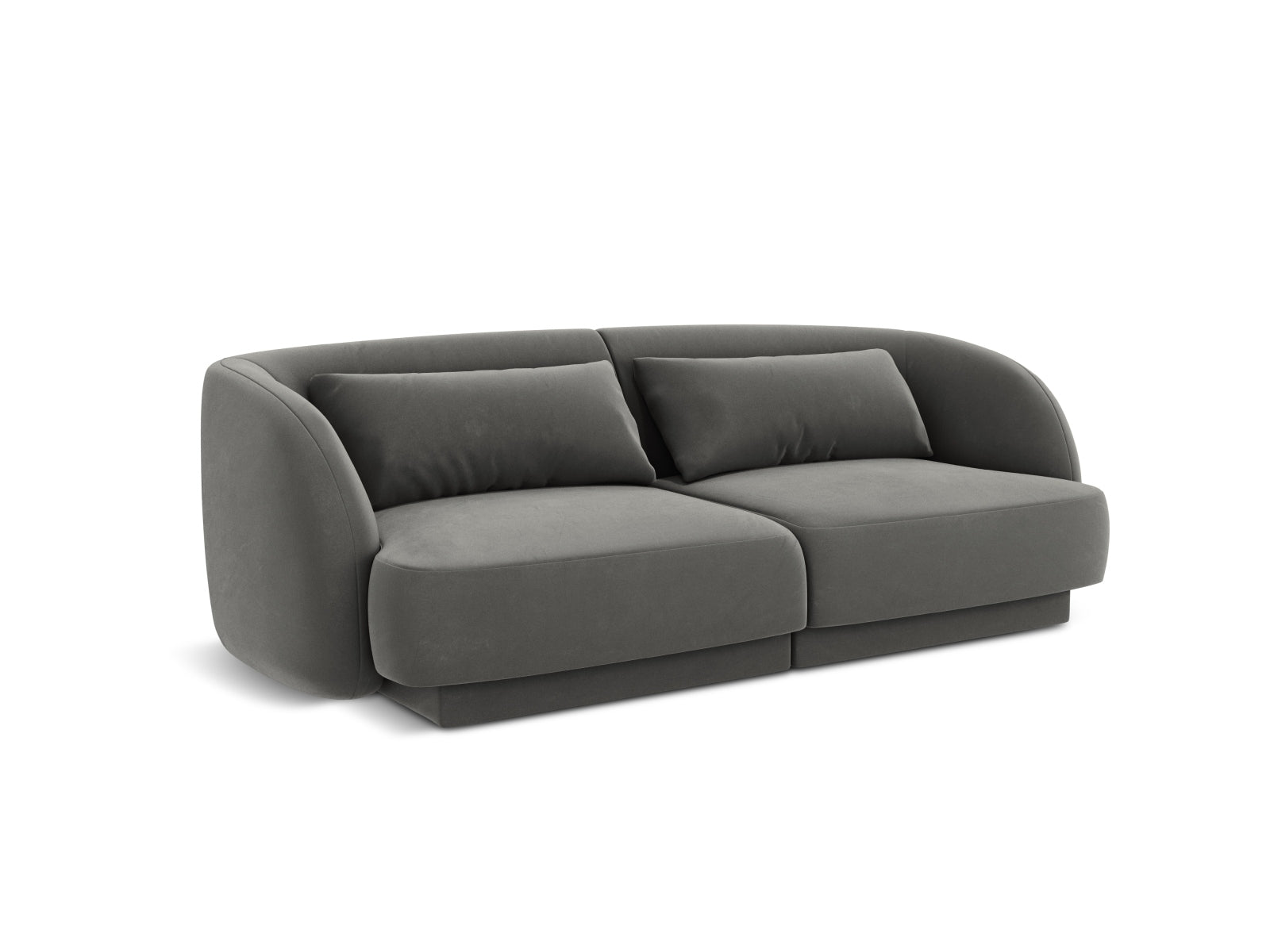 Modernes 2-Sitzer Sofa Tulum aus Velours in dezentem Grau, ideal für gemütliche Ecken und stilvolle Akzente in jedem Zuhause.