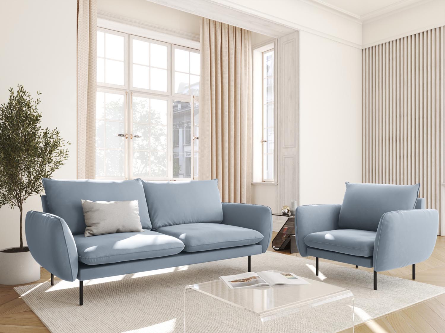 Elegantes 2-Sitzer Sofa "Vienna" in sanftem Hellblau und stilvollem Schwarz, ideal für moderne Wohnräume.